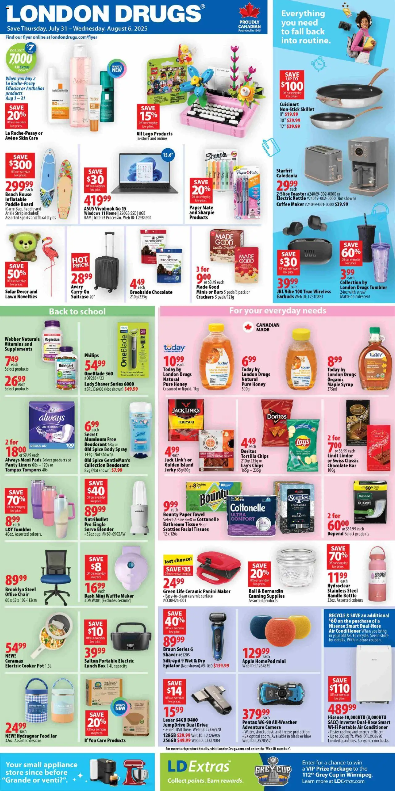 London Drugs flyer valid from Jul 31, 2025 - page number 1 - LEGO, Honey, Tampons, Coffee maker, Chocolate bar, Electric kettle, Tortilla chips, Panty liners