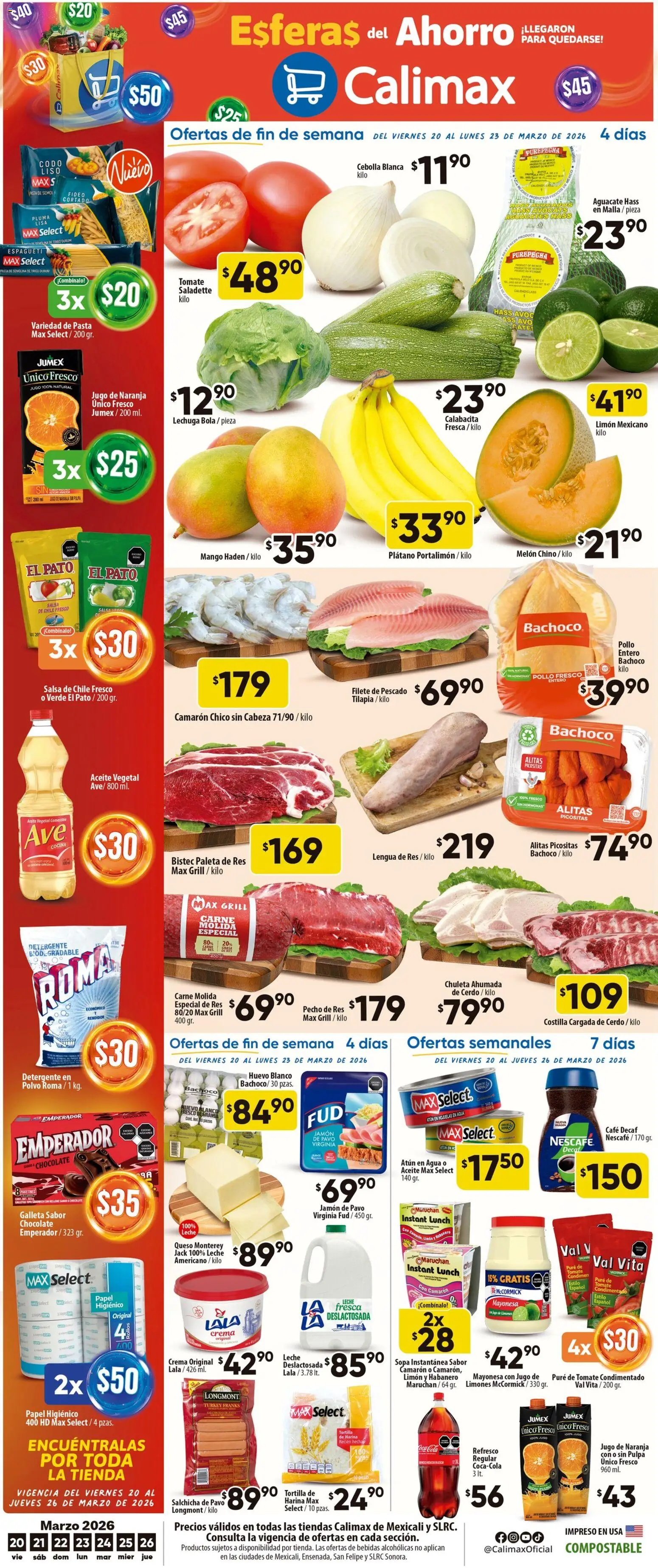 Vista previa las ofertas de la tienda Calimax - Calimax folleto Mexicali y SLRC desde el 20/03/2026 - Chocolate, Queso, Huevo, Crema, Papel higiénico, Refresco, Sopa, Chuleta
