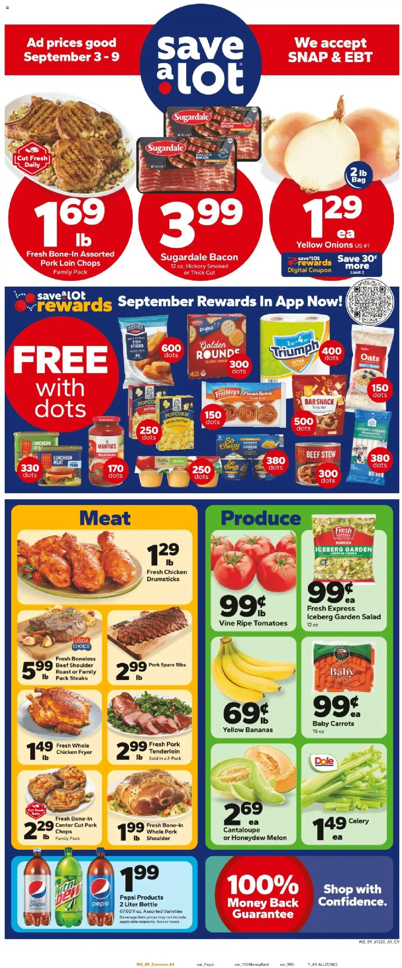 Save a Lot Weekly Ad from 09/03/2025 - Flyer - Page number 1 - Fish, Salad, Popcorn, Pork tenderloin, Pork loin, Drumsticks, Pork shoulder, Fryer