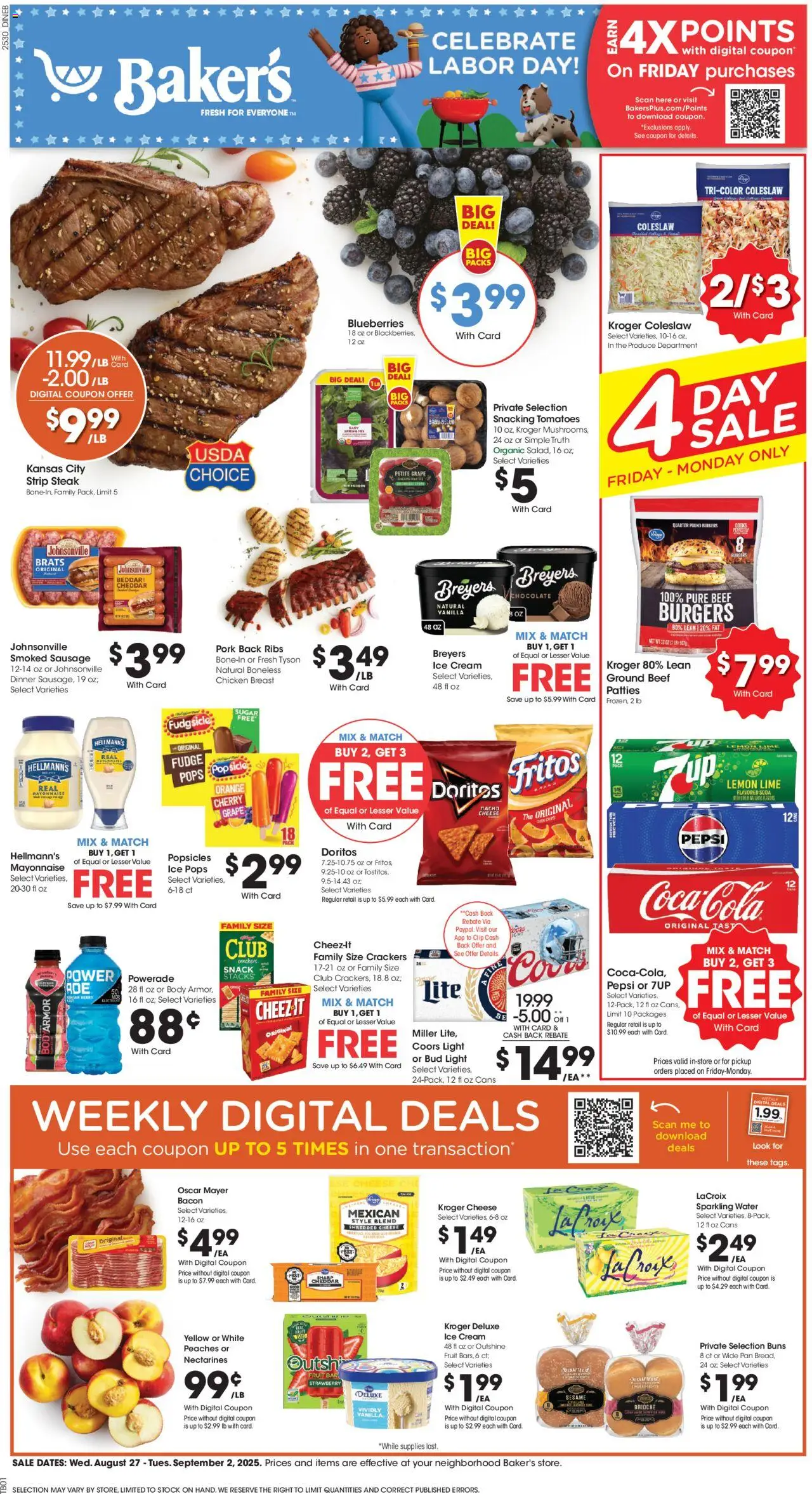 Baker's Weekly Ad from 08/27/2025 - Flyer - Page number 1 - Ice cream, Ice, Peaches, Beef, Ground beef, Pork, Nectarines, Brioche