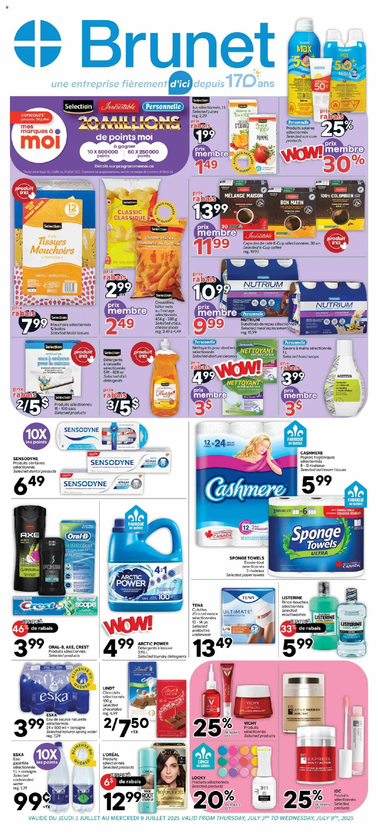 Brunet flyer valid from Jul 03, 2025 - page number 1 - Fromage, Lessive, Eau, Maïs, Sacs à ordures, Vaisselle, Fer, Jus