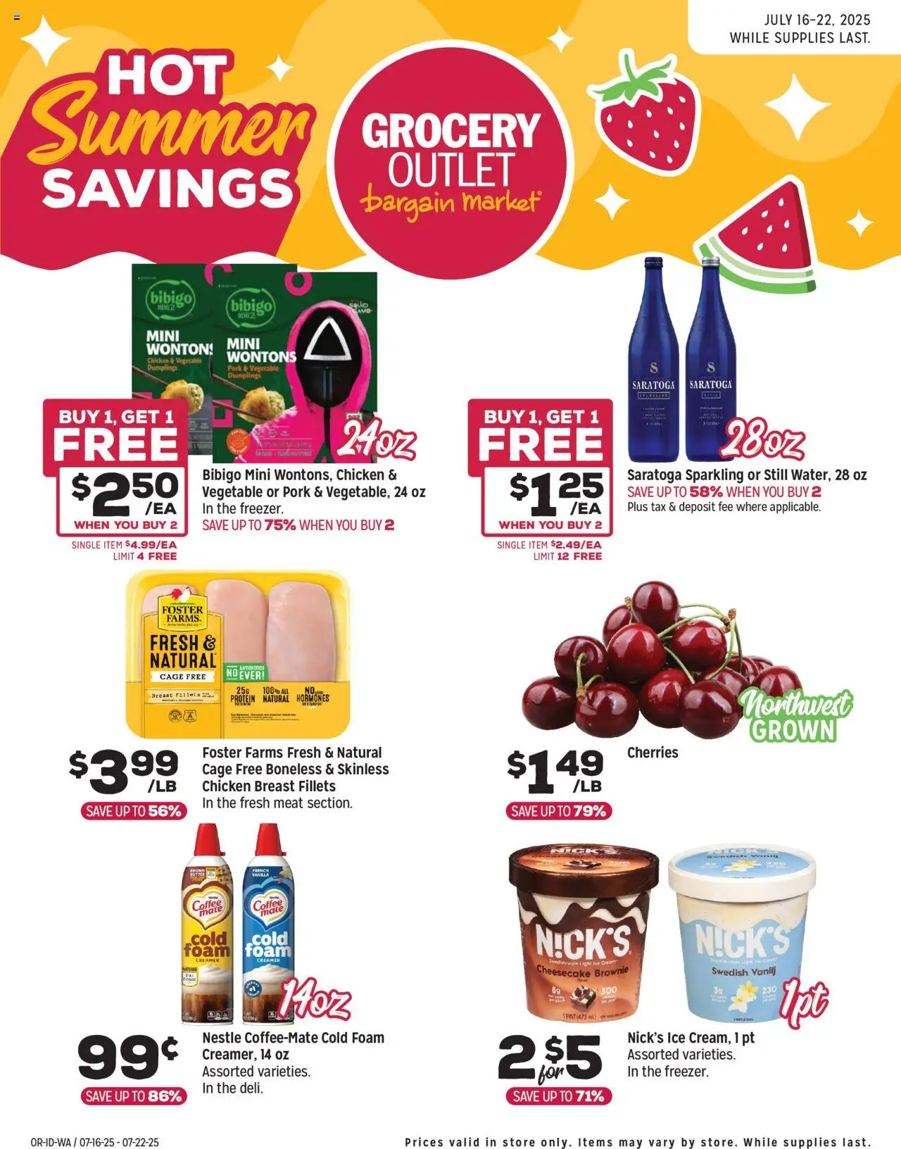 Grocery Outlet Weekly Ad from 07/16/2025 - Flyer - Page number 1 - Meat, Chicken, Pork, Cream, Ice cream, Ice, Cheesecake, Dumplings