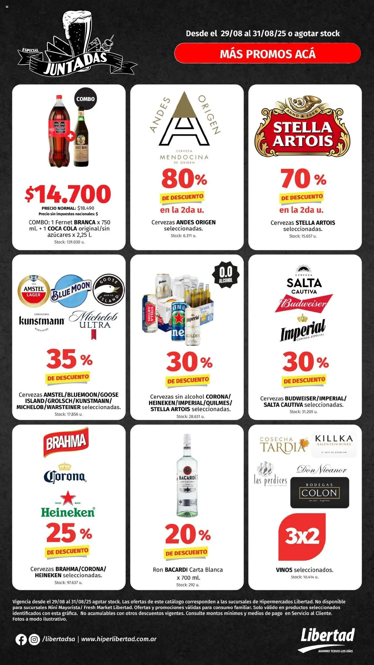 Hipermercado Libertad Juntadas del 29/08/2025 Online - Fernet, Cerveza, Alcohol, Heineken, Ron, Bacardi