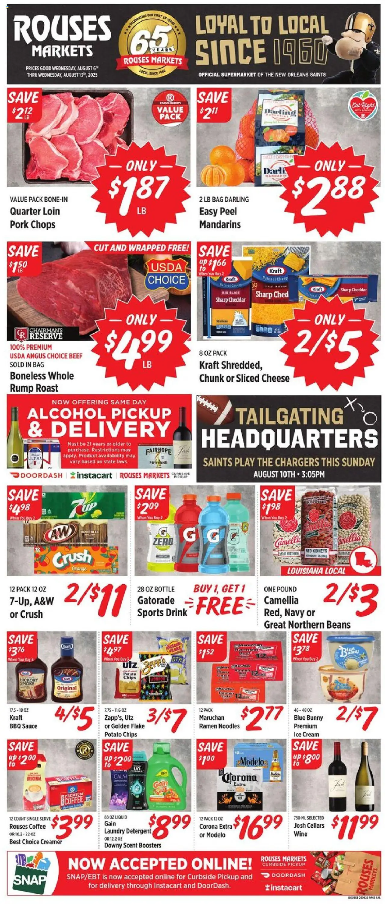 Rouses Weekly Ad - AL from 08/06/2025 - Flyer - Page number 1 - Wine, Noodles, Chips, Cheese, Beef, Mandarins, Sports drink, Corona Extra