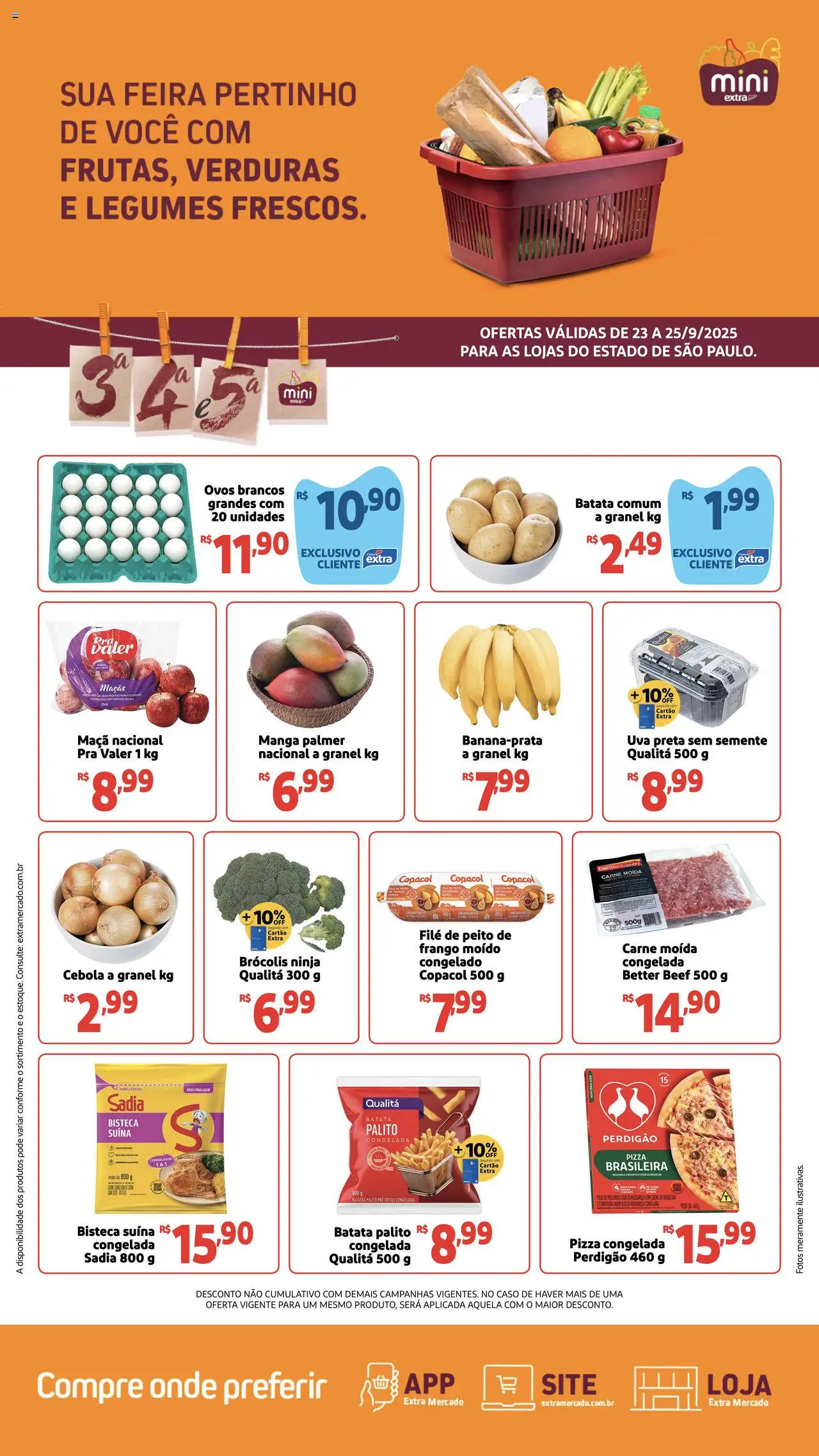 Mini Extra folheto "Ofertas Terça e Quinta" válido a partir de 23/09/2025 - número de página 1 - Pizza, Manga, Batata, Creme, Carne moída, Cebola, Pizza congelada, Frango moido