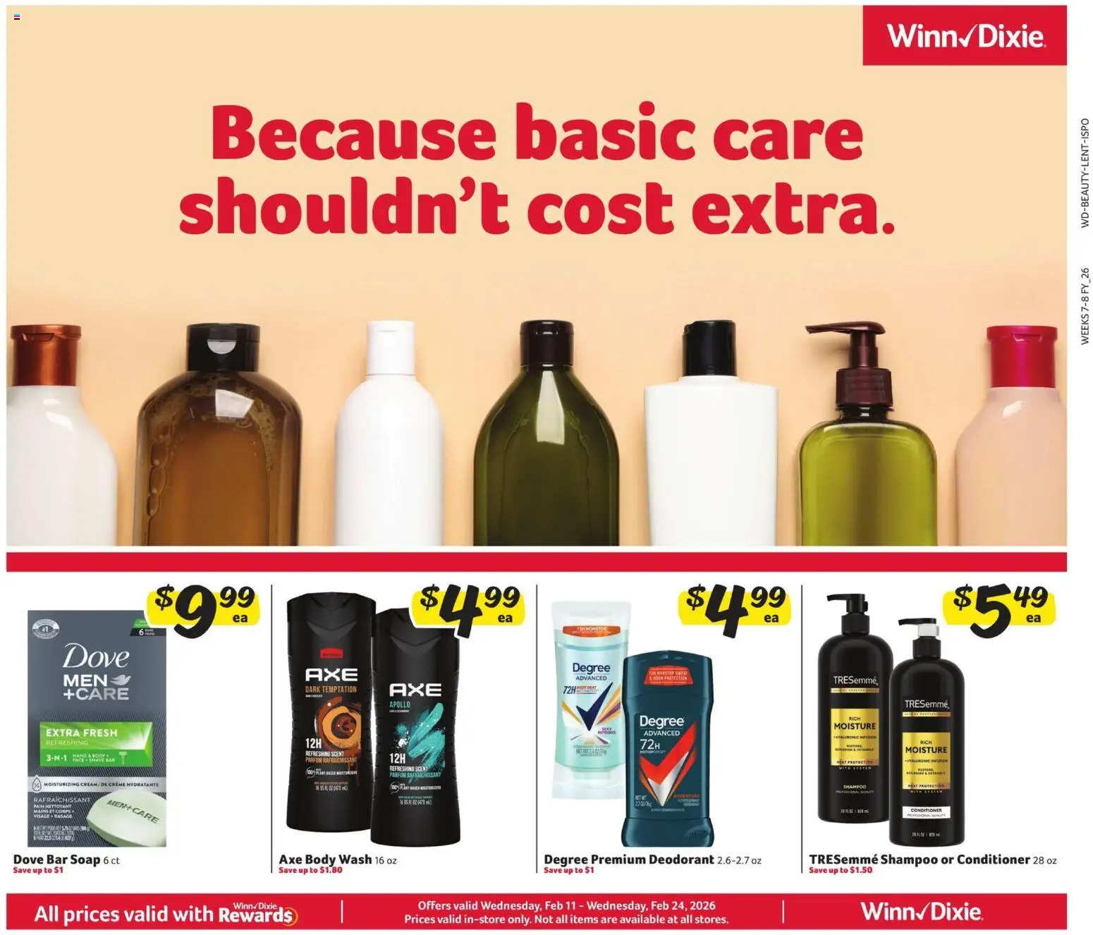 Ad Preview of Winn Dixie In-Store Flyer from 02/11/2026 - Meat, Deodorant, Soap, Shampoo, Axe, Body Wash, Conditioner, Bar Soap