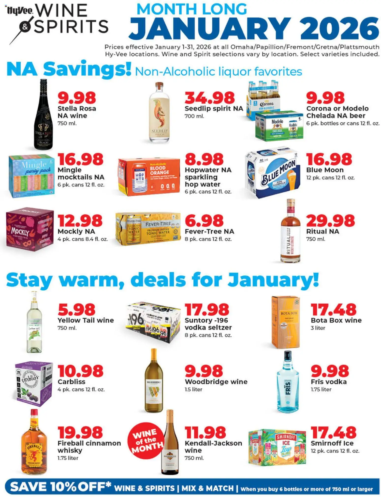 Ad Preview of HyVee Wine & Spirits Monthlong from 01/01/2026 - Beer, Water, Ice, Box, Wine, Vodka, Rod, Tonic