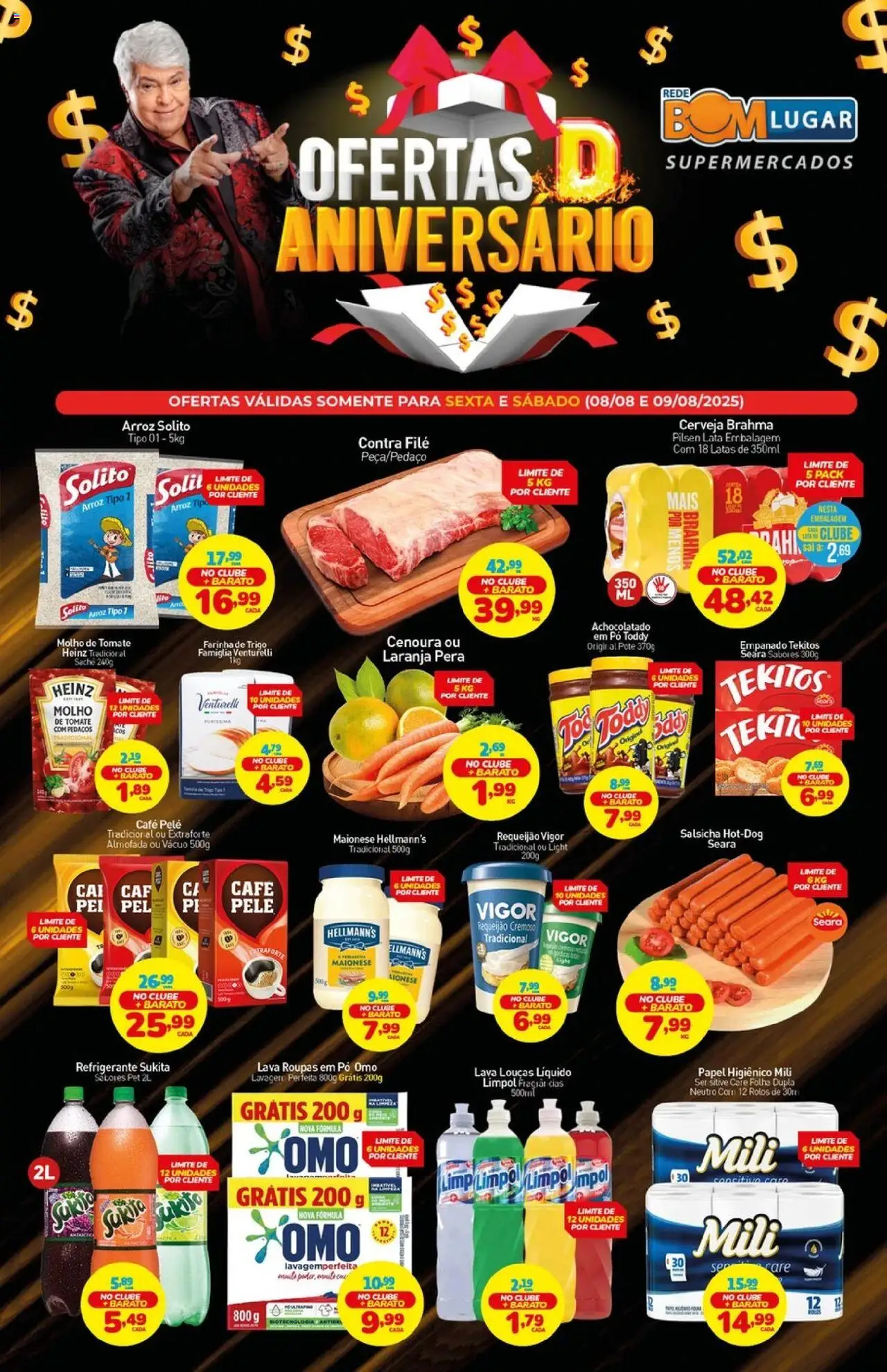 Rede Bom Lugar folheto "Ofertas da semana" válido a partir de 08/08/2025 - número de página 1 - Cerveja, Arroz, Ariel, Pera, Maionese, Farinha de trigo, Requeijão, Cará