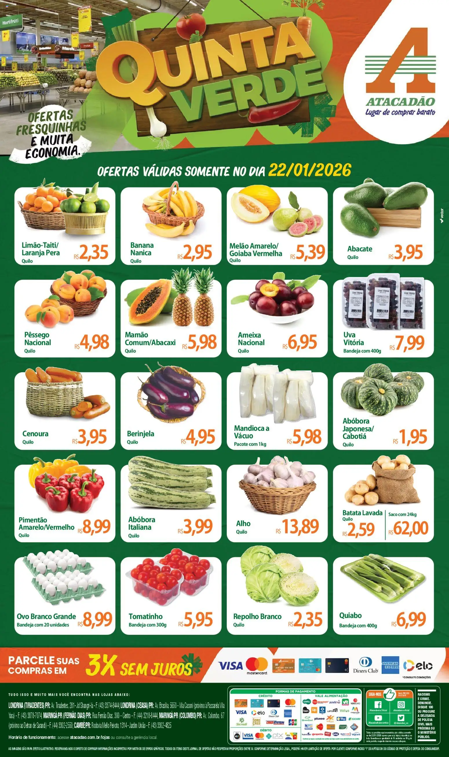 Pré-Visualização do folheto "Ofertas - PR" da loja Atacadão válido a partir de 22/01/2026 - Batata, Ameixa, Goiaba, Pera, Mandioca, Bandeja, Melão, Pimentão