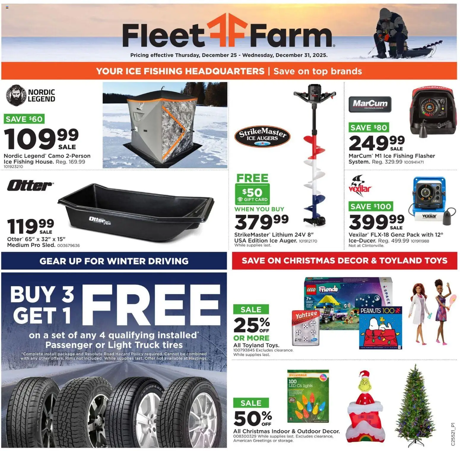 Ad Preview of Mills Fleet Farm Weekly Ad from 12/25/2025 - LEGO, Ice, Toys, Peanuts, LEGO Friends, Flasher