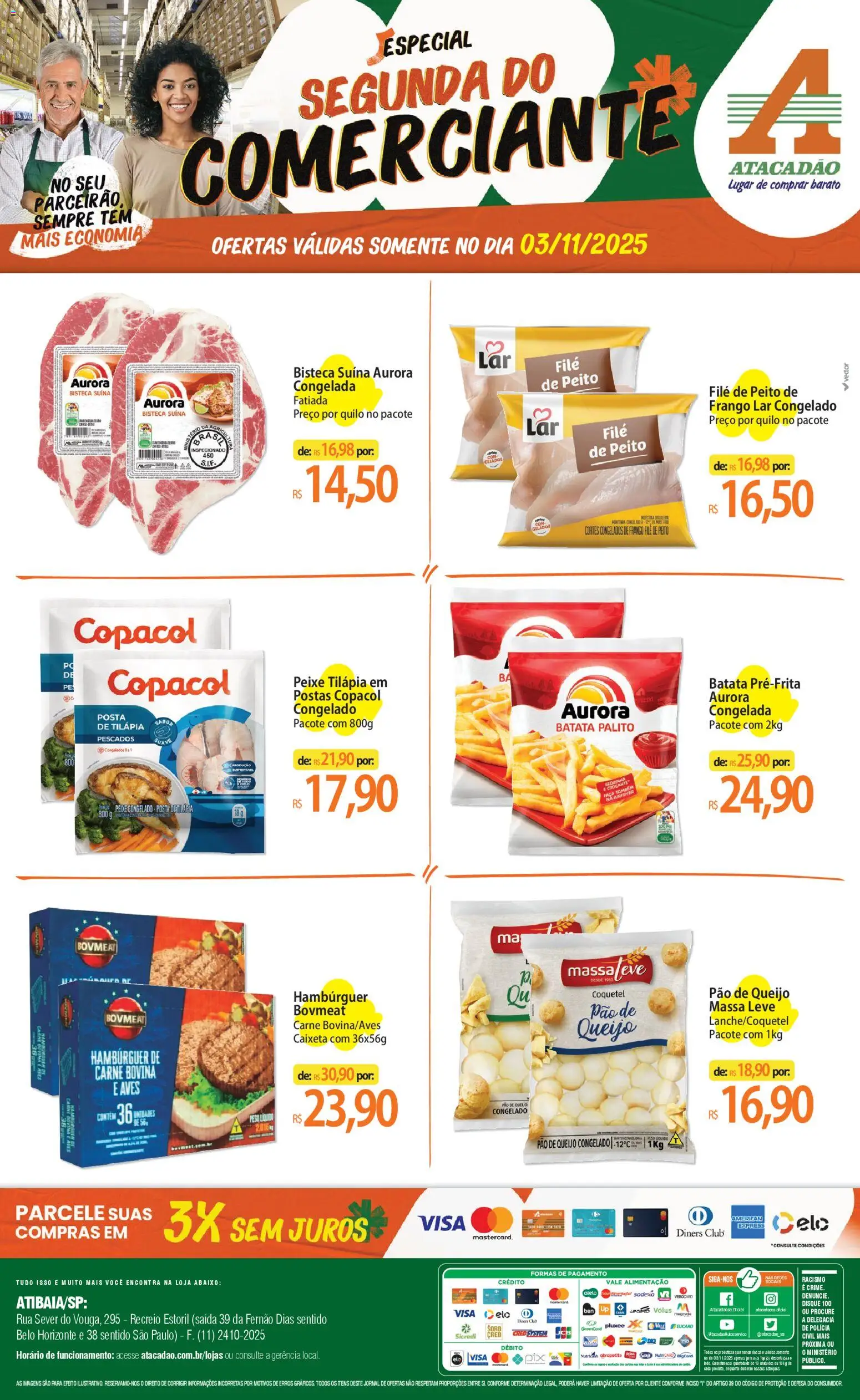 Pré-Visualização do folheto "Ofertas - SP" da loja Atacadão válido a partir de 03/11/2025 - Hambúrguer, Pão de queijo, Batata, Frango, Aves, Massa, Carne bovina, Tilápia