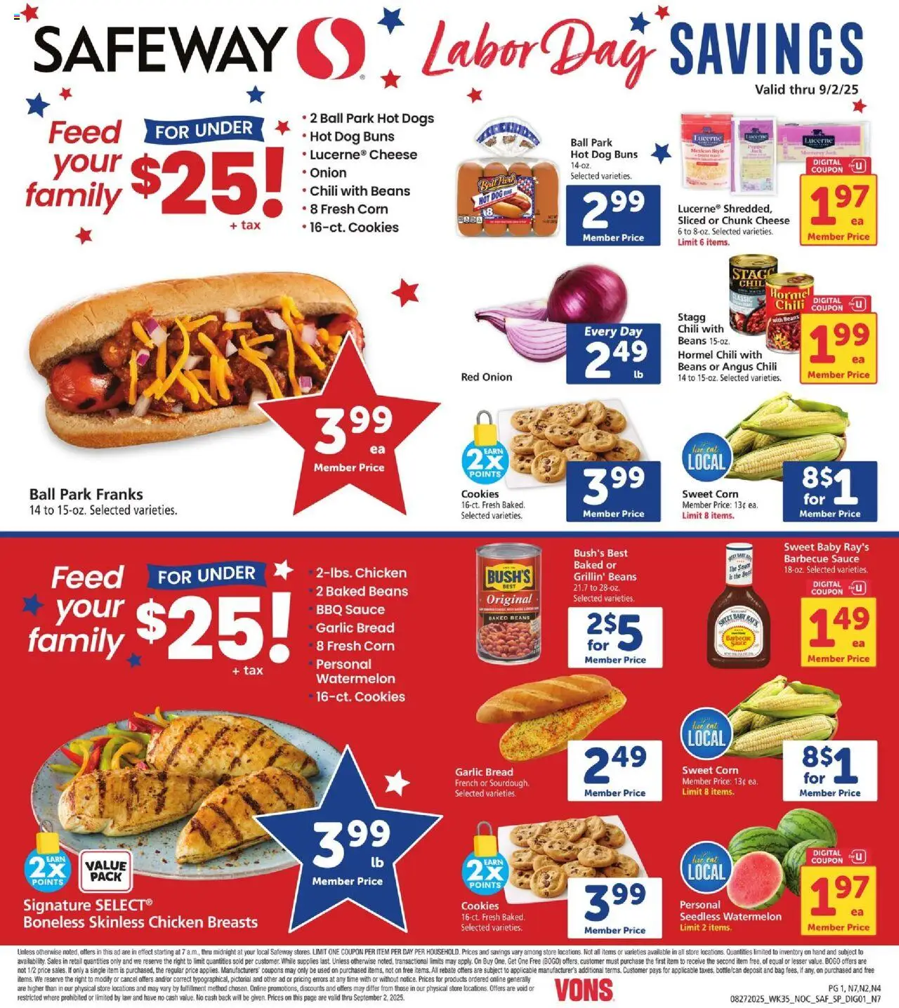 Safeway Savings from 08/27/2025 - Flyer - Page number 1 - Cookies, Hot Dogs, Bread, Watermelon, Pepper, Garlic, Sauce, Red onion