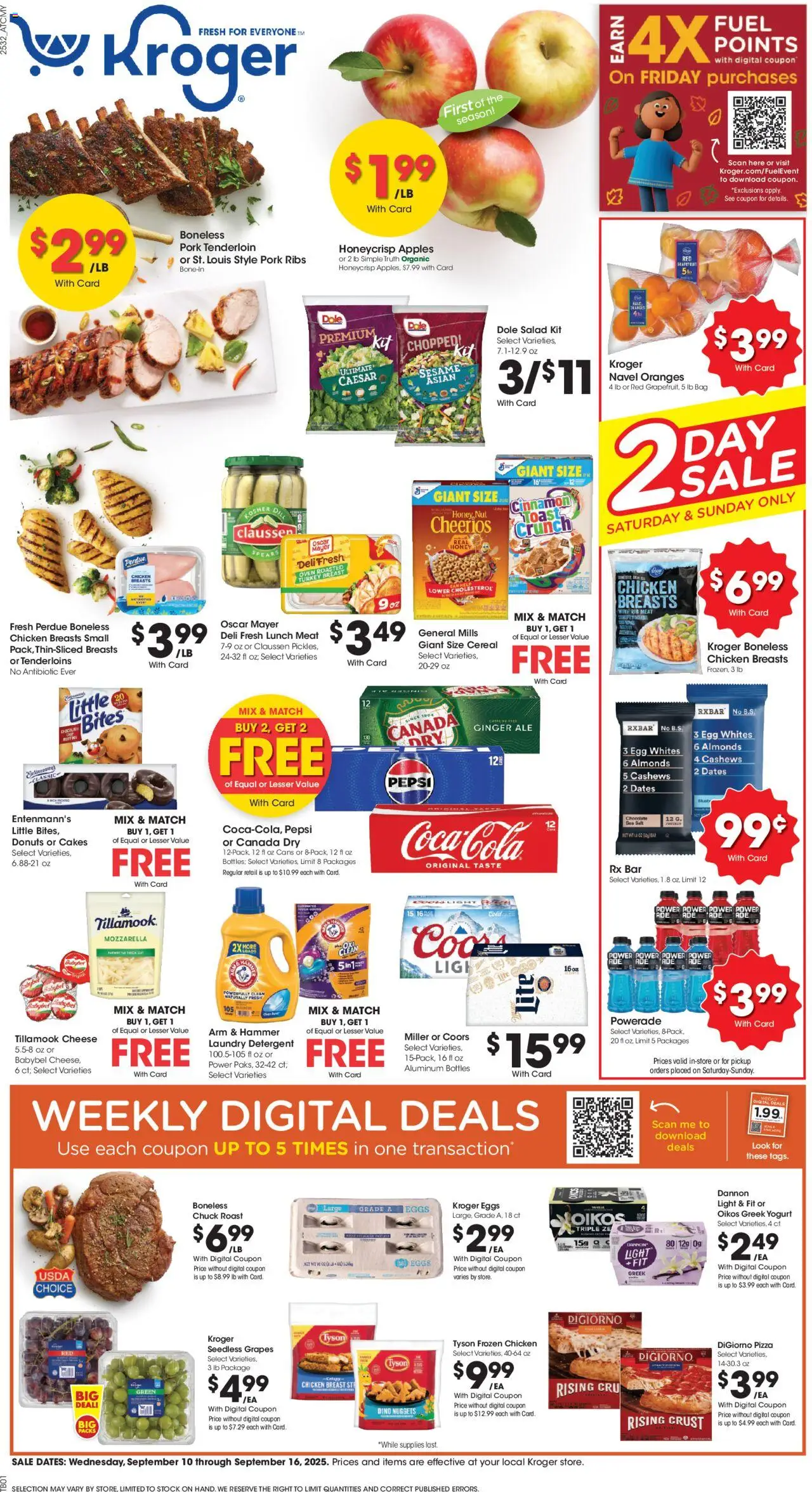 Ad Preview of Kroger Weekly Ad from 09/10/2025 - Apples, Oranges, Honey, Cereal, Mozzarella, Sesame, Detergent, Pork ribs
