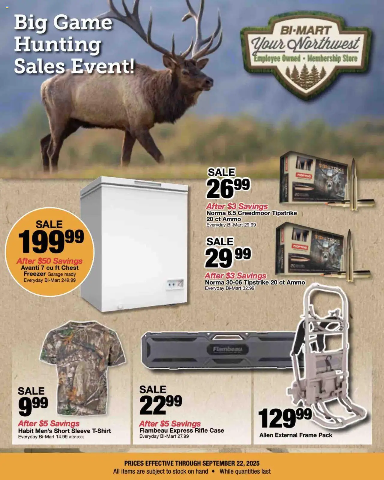 Ad Preview of Bi-Mart Big Game Hunting Savings from 09/10/2025 - Game, Freezer, Case, Ammo, Rifle