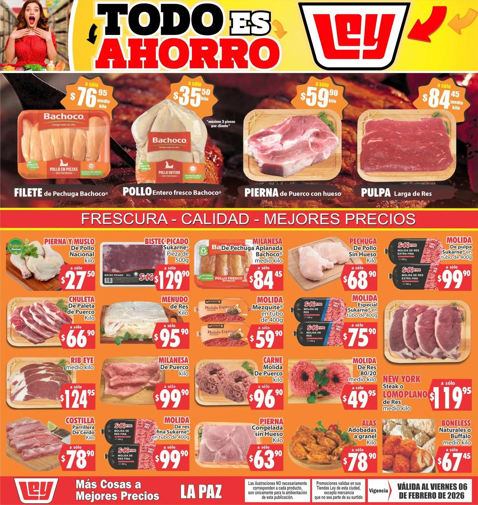 Vista previa las ofertas de la tienda Casa Ley - Folleto Frescura, calidad, mejores precios desde el 03/02/2026 - Pollo, Cerdo, Paleta, Milanesa, Res, Chuleta, Carne molida, Filete