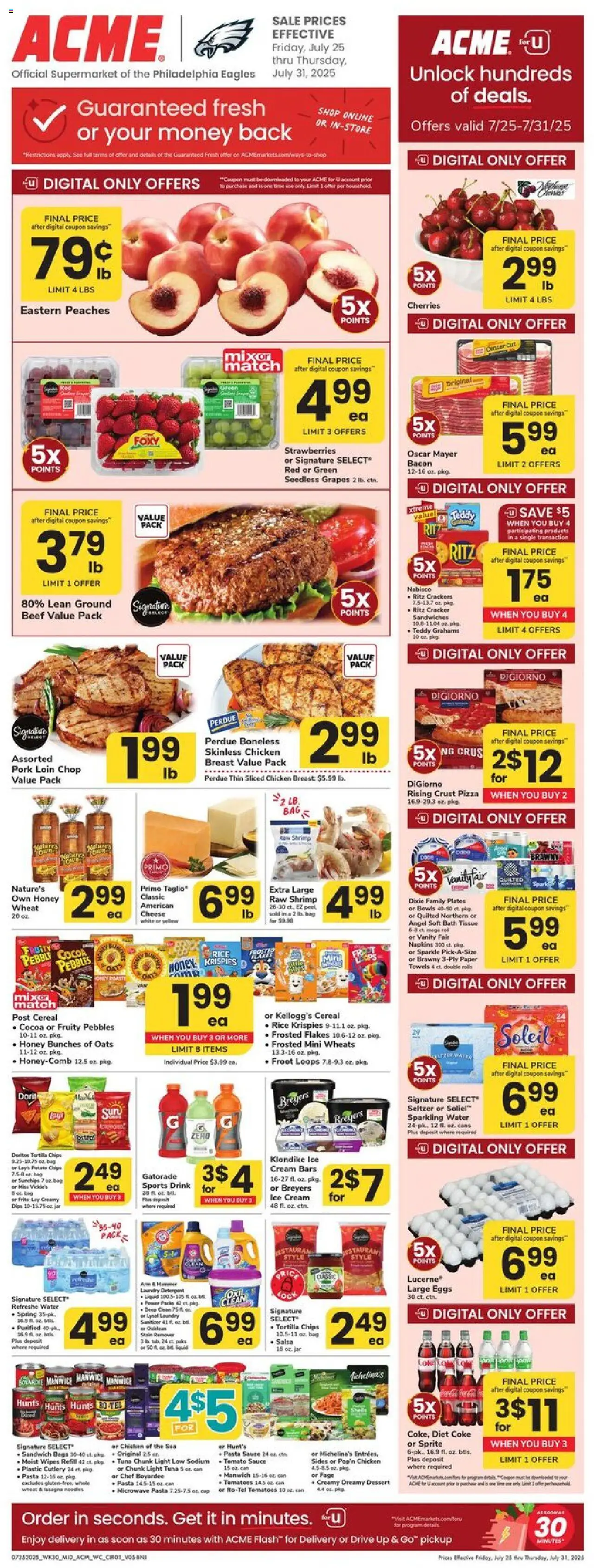Acme Weekly Ad - NJ from 07/25/2025 - Circular, Flyer - Page number 1 - Pizza, Cocoa, Detergent, Cream, Water, Sauce, Cereal, Seedless grapes