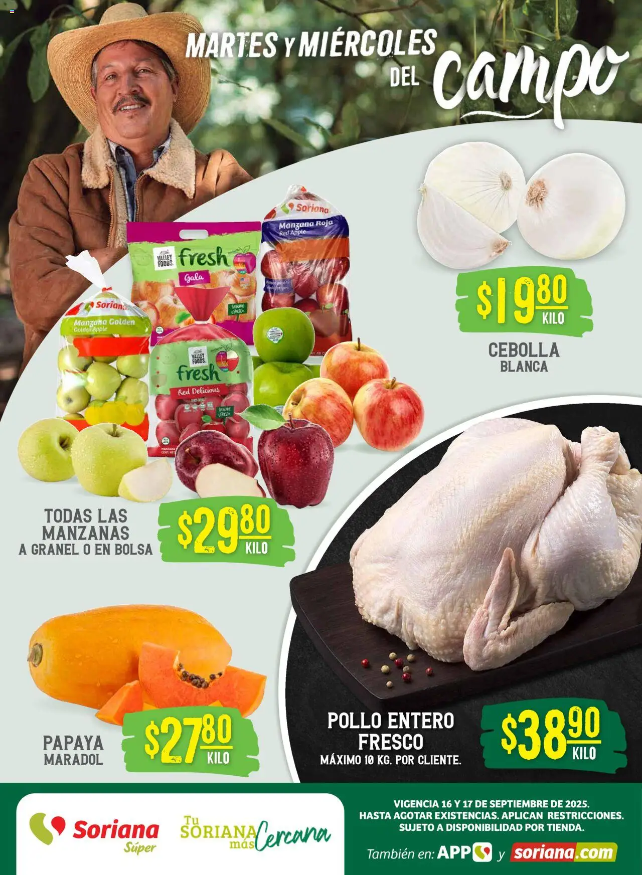 Martes y Miércoles del Campo Súper: BCS, Son y Sin Soriana y sus promociones válidas desde el 16/09/2025 - Número de página 1 - Pollo, Manzana, Manzanas, Bolsa, Cebolla