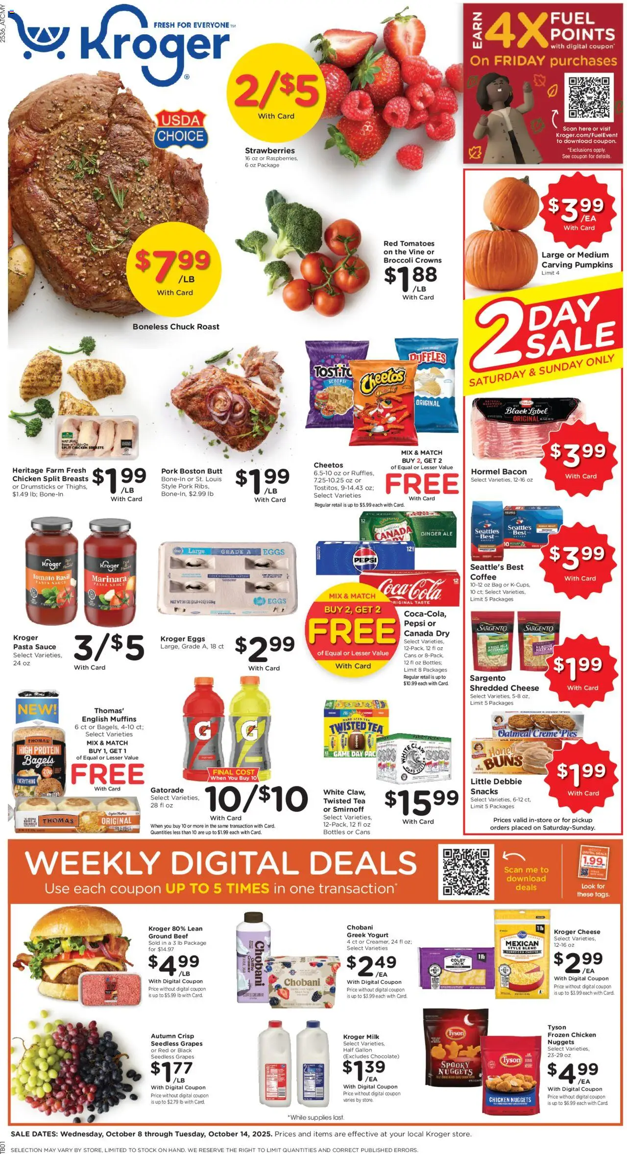 Ad Preview of Kroger Weekly Ad from 10/08/2025 - Pasta, Broccoli, Tomato, Ginger, Pork, Chicken breasts, Sauce, Chicken