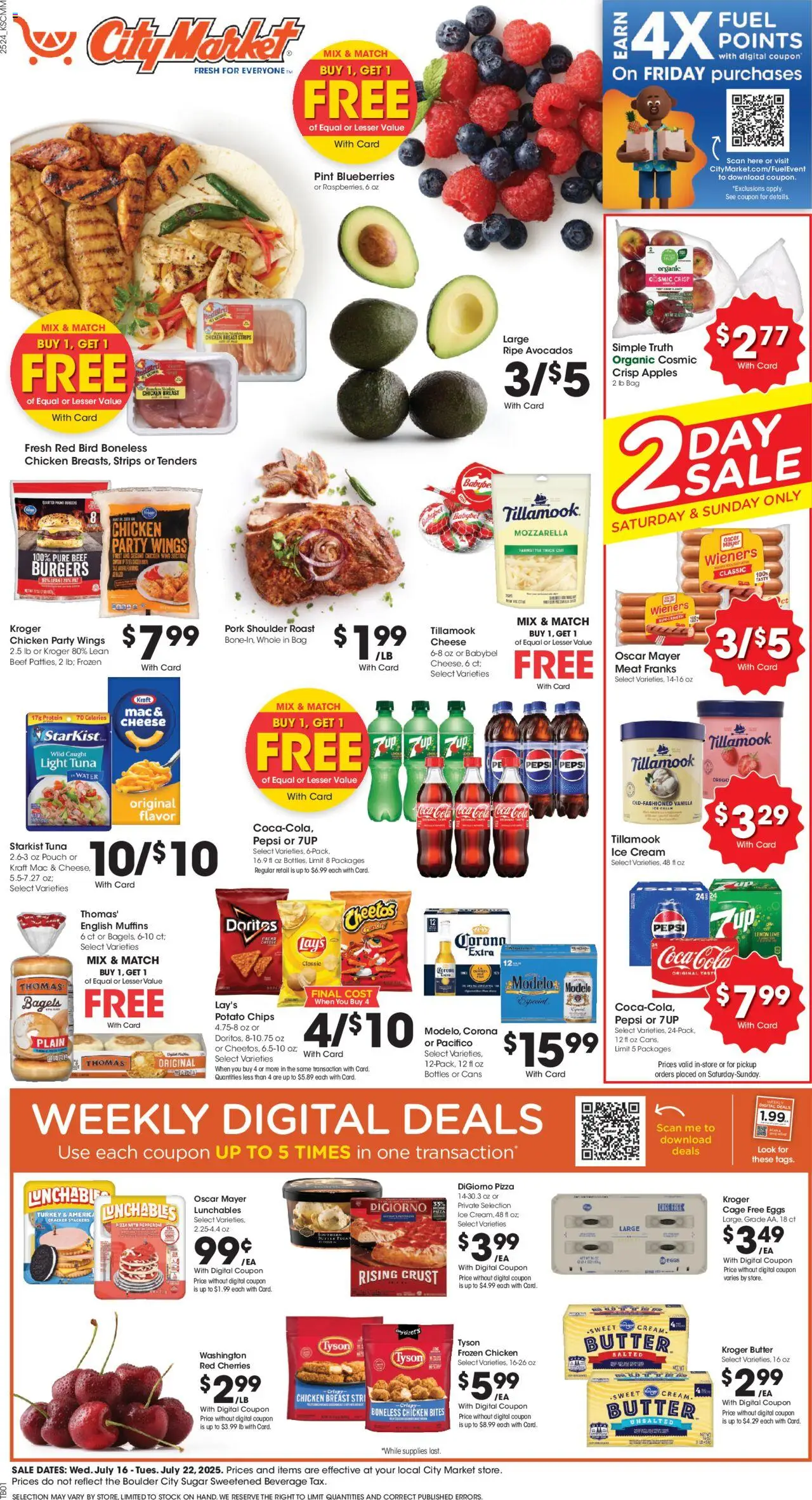 City Market Weekly Ad from 07/16/2025 - Flyer - Page number 1 - Pork shoulder, Potato chips, Eggs, Cream, Ice cream, Ice, Blueberries, Fan