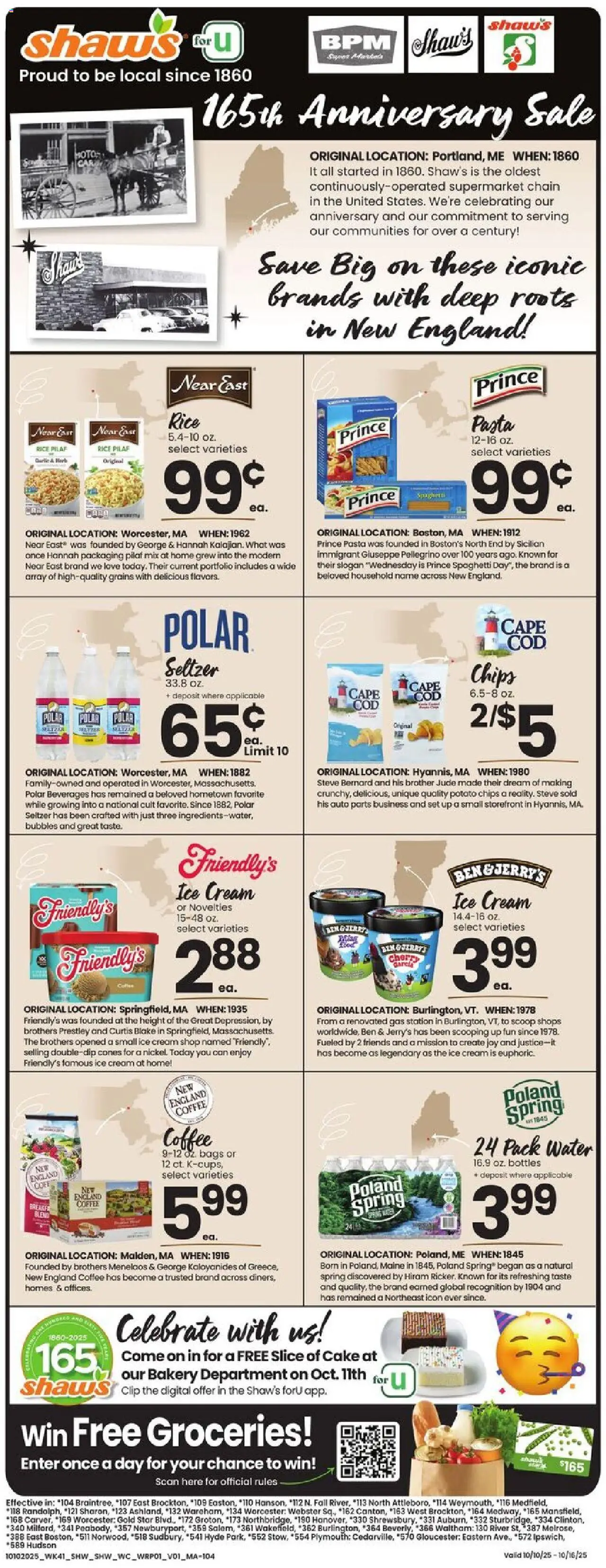 Ad Preview of Shaw's Weekly Ad from 10/10/2025 - Coffee, Ice cream, Water, Cake, Spaghetti, Rice, Potato chips, Beverages