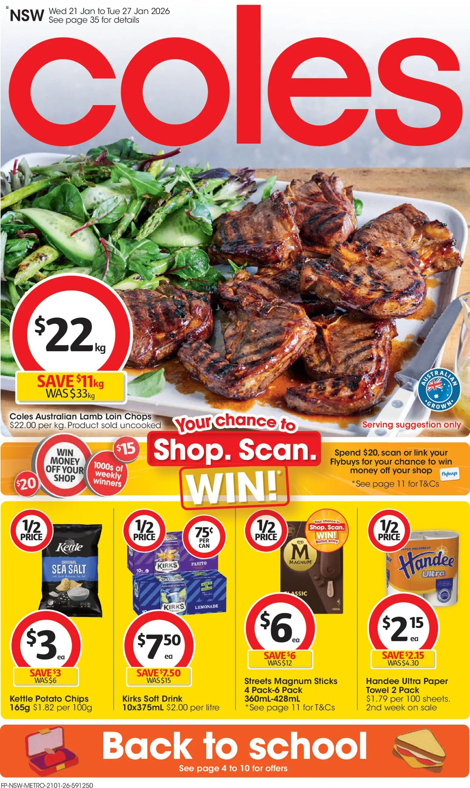 Preview of catalogue Catalogue from shop Coles valid 21/01/2026 - Lamb, Chips, Salt, Lemonade, Kettle, Magnum