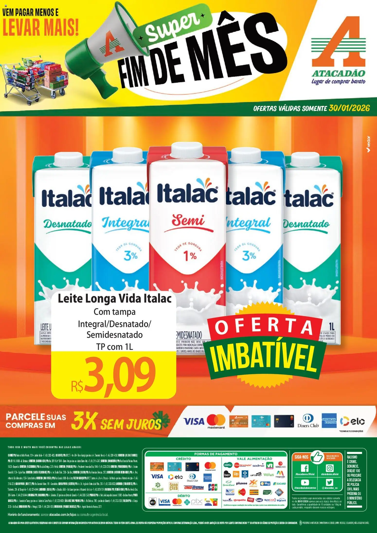 Pré-Visualização do folheto "Ofertas - PR" da loja Atacadão válido a partir de 30/01/2026 - Leite, Pia, Leite longa vida