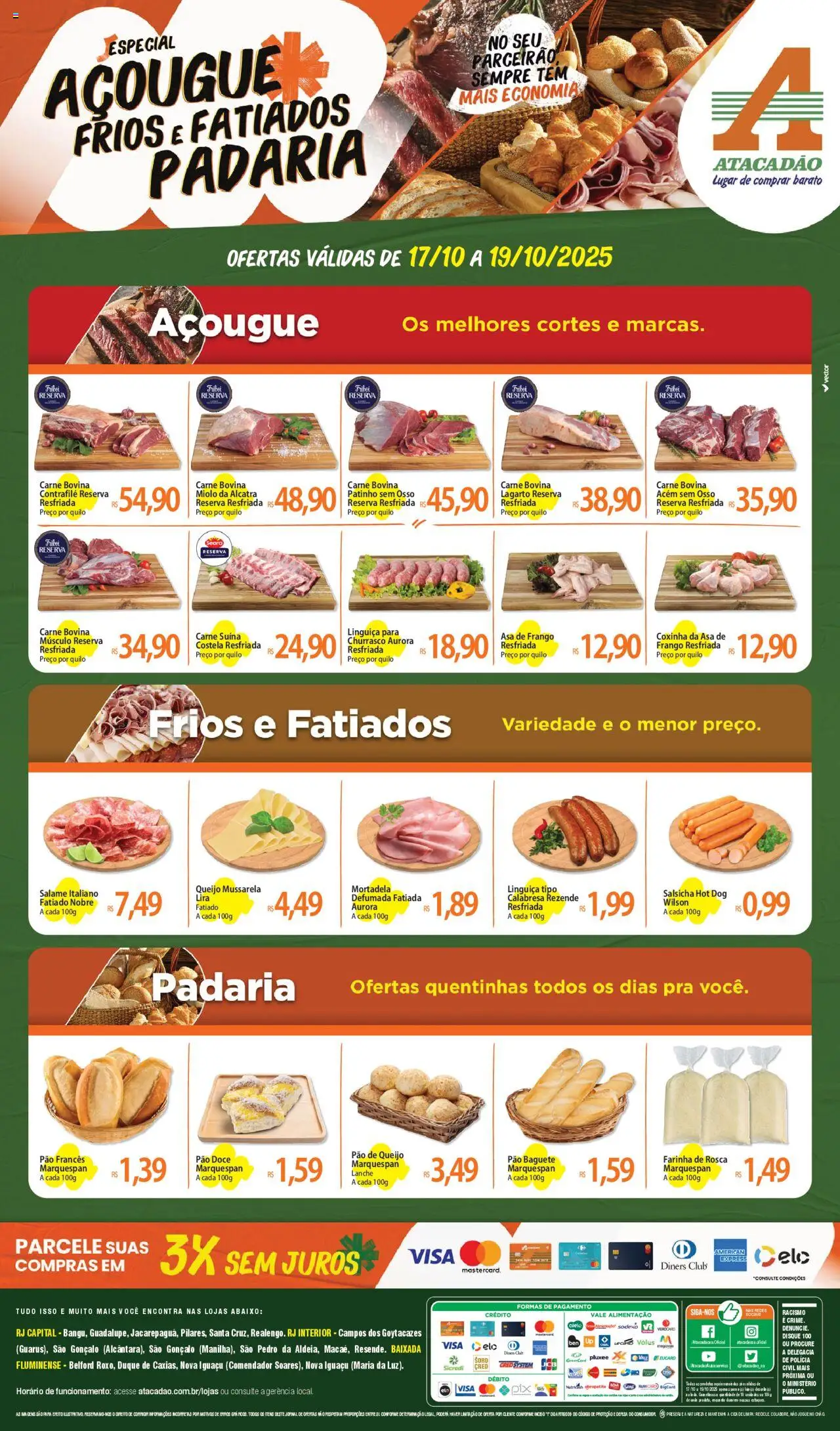 Atacadão folheto "Ofertas - RJ" válido a partir de 17/10/2025 - número de página 1 - Pão, Mussarela, Pão francês, Carne bovina, Asa de frango, Acém, Pão baguete, Carne bovina músculo