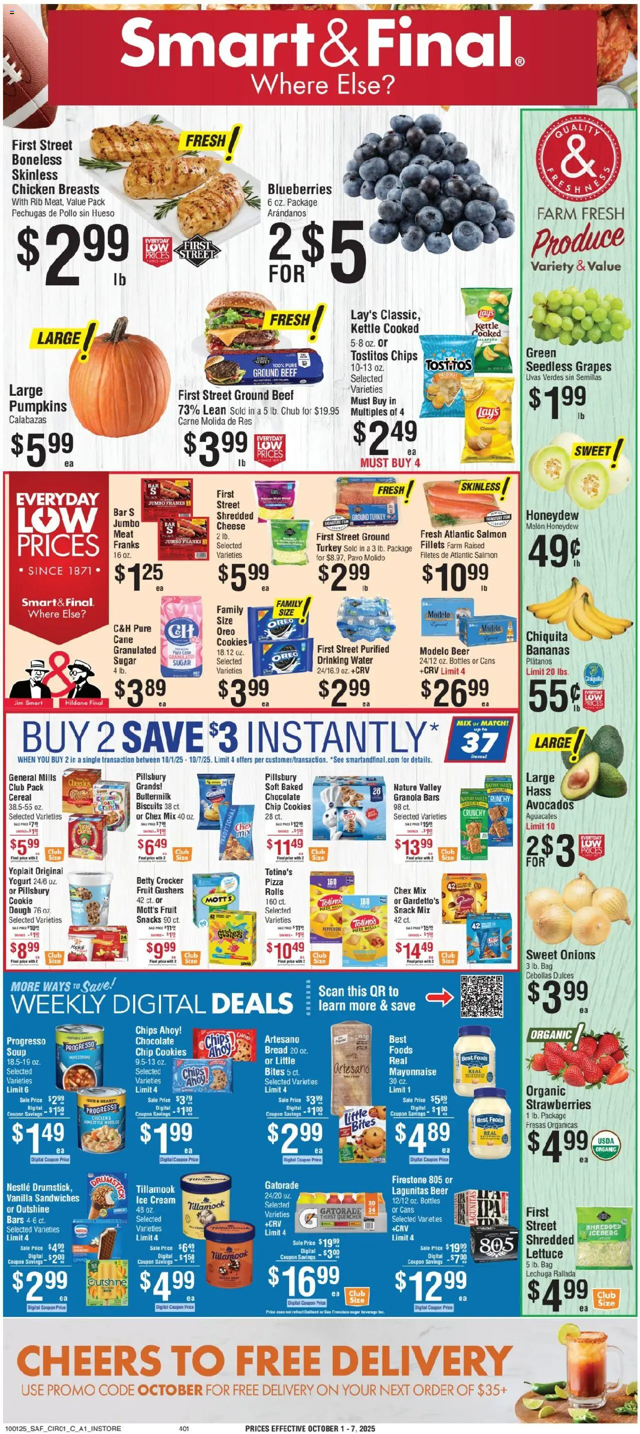 Smart & Final Weekly Ad from 10/01/2025 - Flyer - Page number 1 - Cookies, Water, Yogurt, Blueberries, Cereal, Oreo, Lettuce, Ground beef