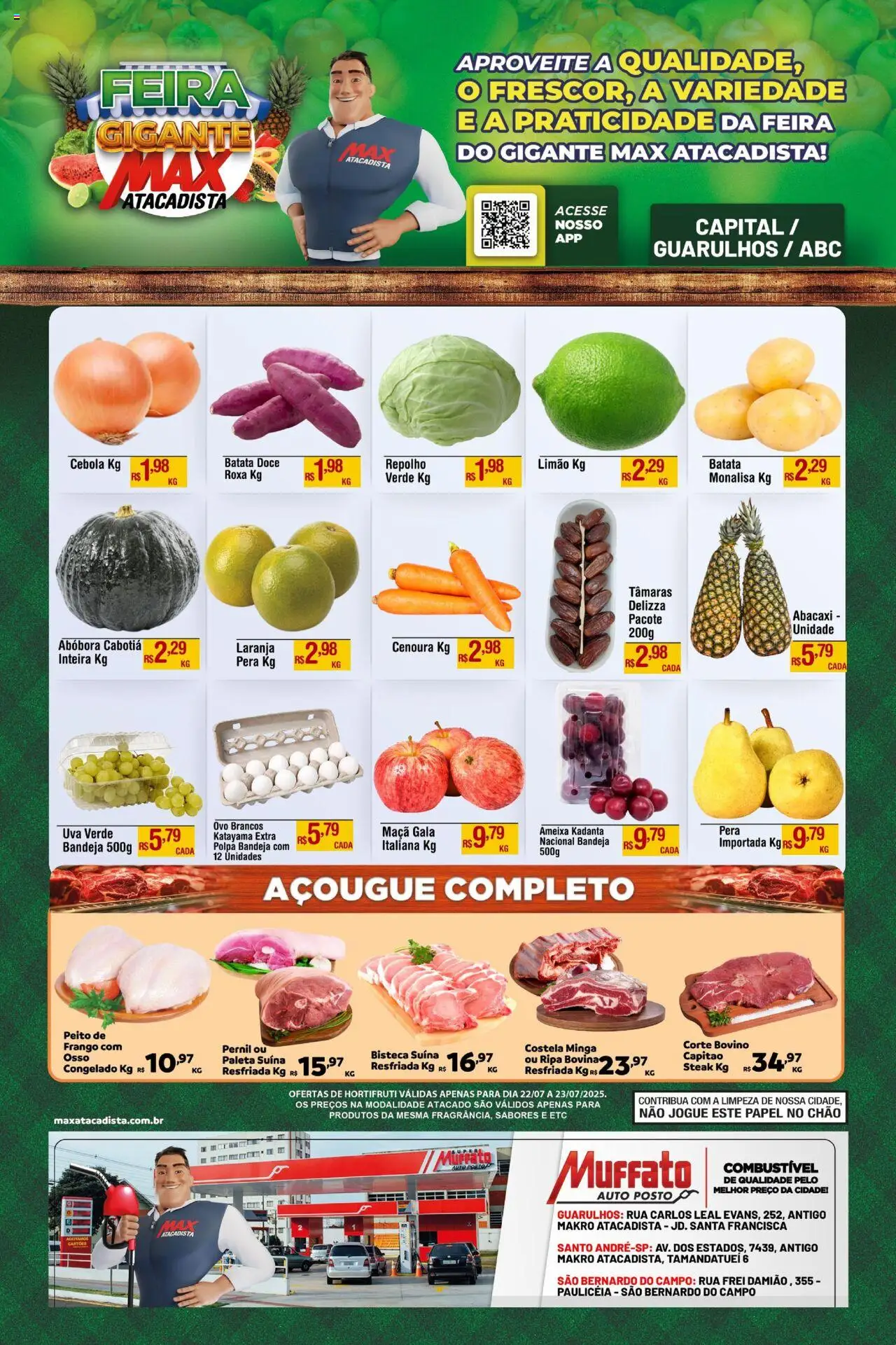 Max Atacadista folheto "Ofertas Feira" válido a partir de 22/07/2025 - número de página 1 - Pera, Tâmaras, Abóbora, Steak, Uva, Paleta suína, Bandeja, Frango