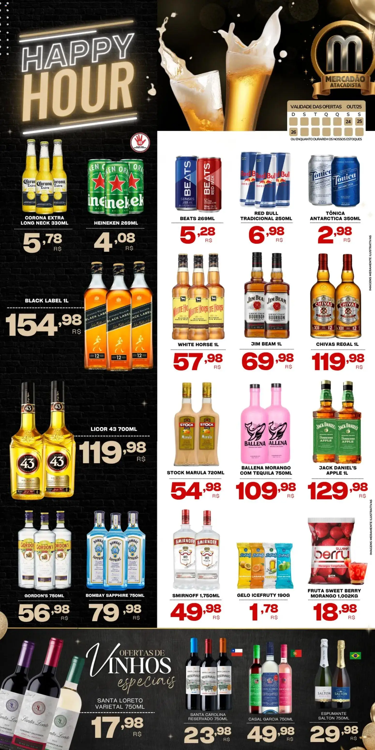 Pré-Visualização do folheto "Ofertas Happy Hour" da loja Mercadão Atacadista válido a partir de 24/10/2025 - Frutas, Morangos, Sal, Tequila, Bourbon, Frutas vermelhas, Licor, Tônico