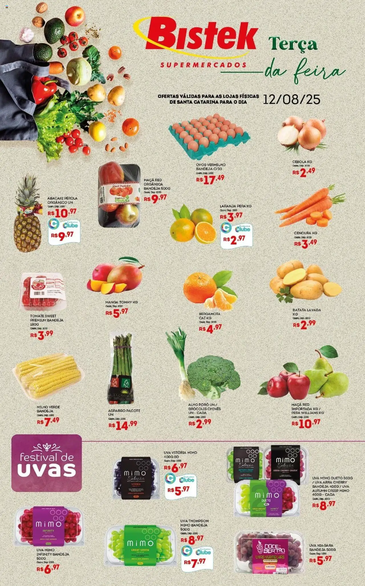 Bistek Supermercados folheto "Ofertas Hortifruti" válido a partir de 12/08/2025 - número de página 1 - Abacaxi, Uvas, Brócolis, Batata, Milho, Bergamota, Cebola, Milho verde