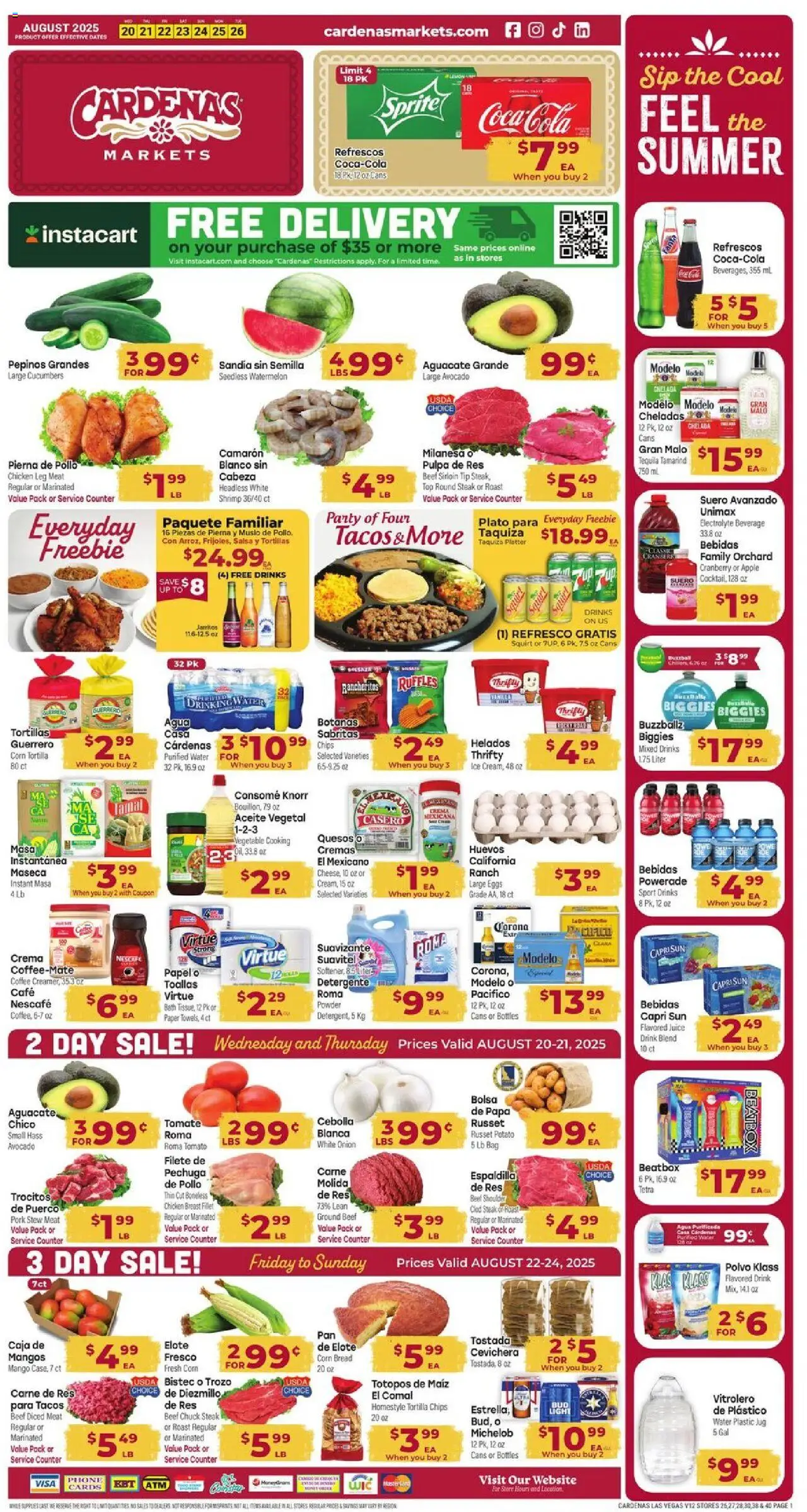 Cardenas Weekly Ad - NV from 08/20/2025 - Flyer - Page number 1 - Mango, Water, Tomato, Meat, Onion, Tortillas, Pork, Beef sirloin