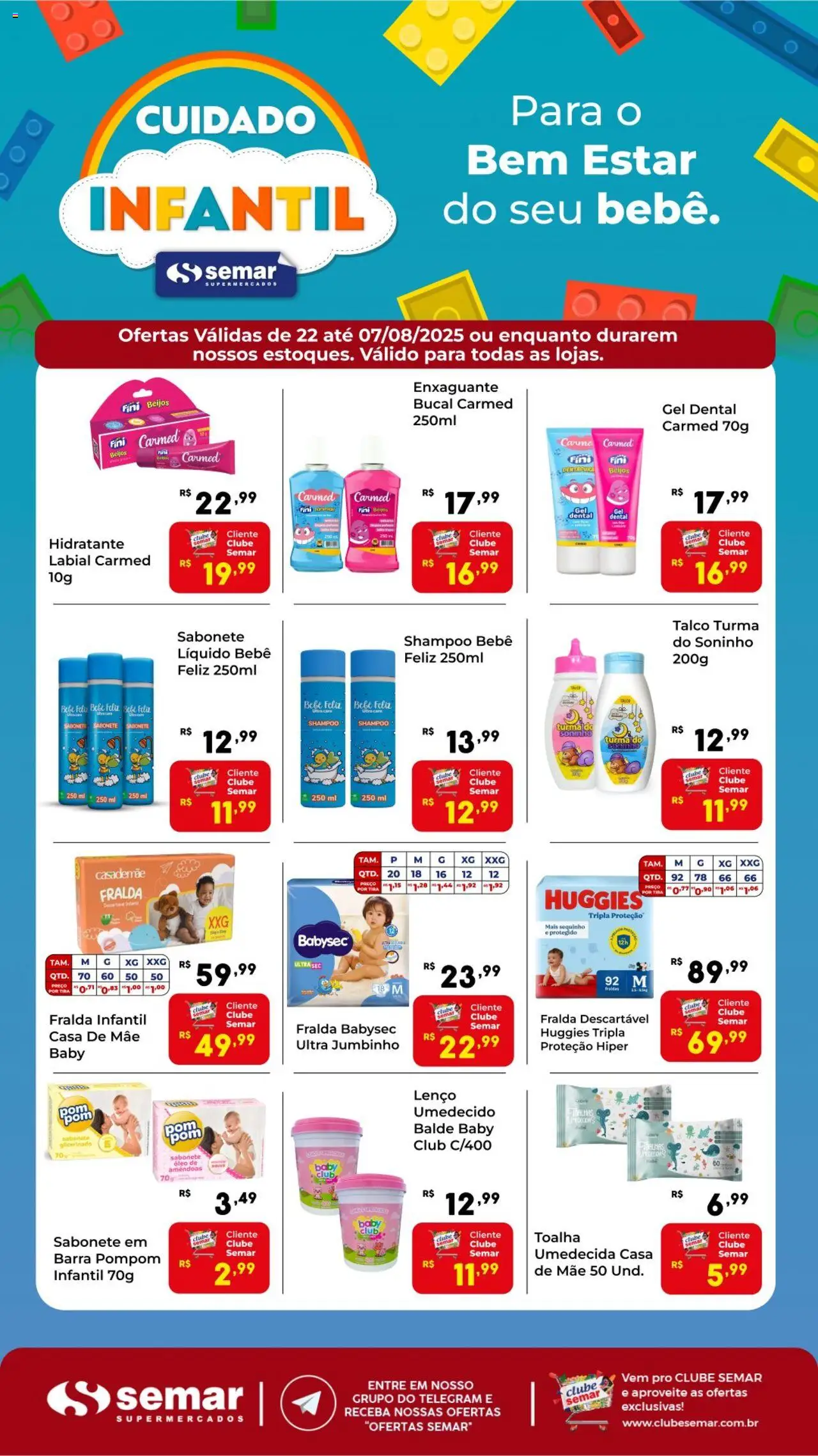 Semar Supermercado folheto "Ofertas Infantil" válido a partir de 22/07/2025 - número de página 1 - Shampoo, Fraldas, Óleo, Lenço umedecido, Balde, Amêndoas, Talco, Lenço