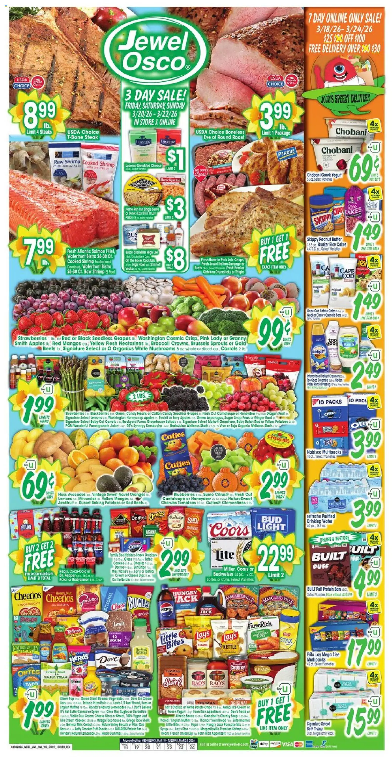 Ad Preview of Jewel Osco Jewel Osco Weekly Ad - IN from 03/18/2026 - Chips, Strawberries, Cheese, Shrimp, Butter, Steamer, Spread, Seedless grapes