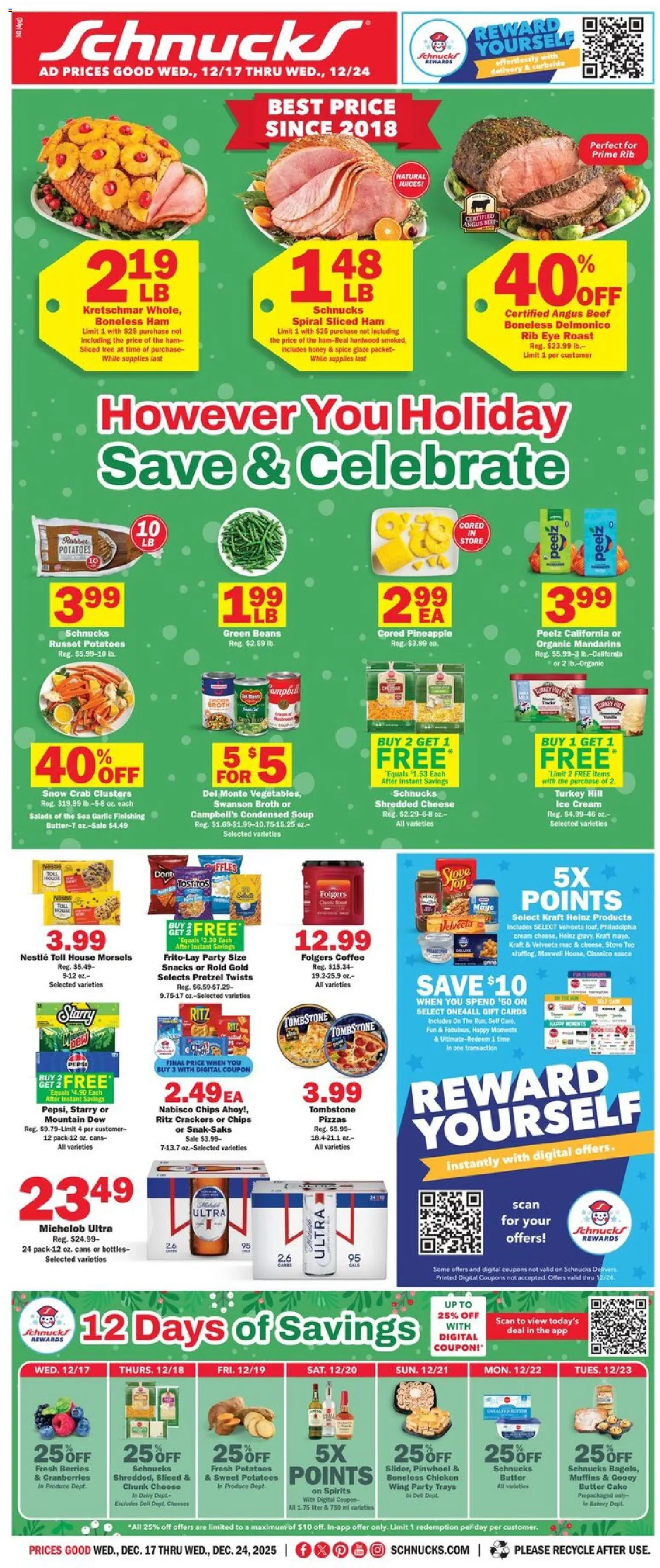 Ad Preview of Schnucks Weekly Print Ad - MO from 12/17/2025 - Ice, Potatoes, Butter, Cranberries, Beef, Berries, Muffins, Chicken