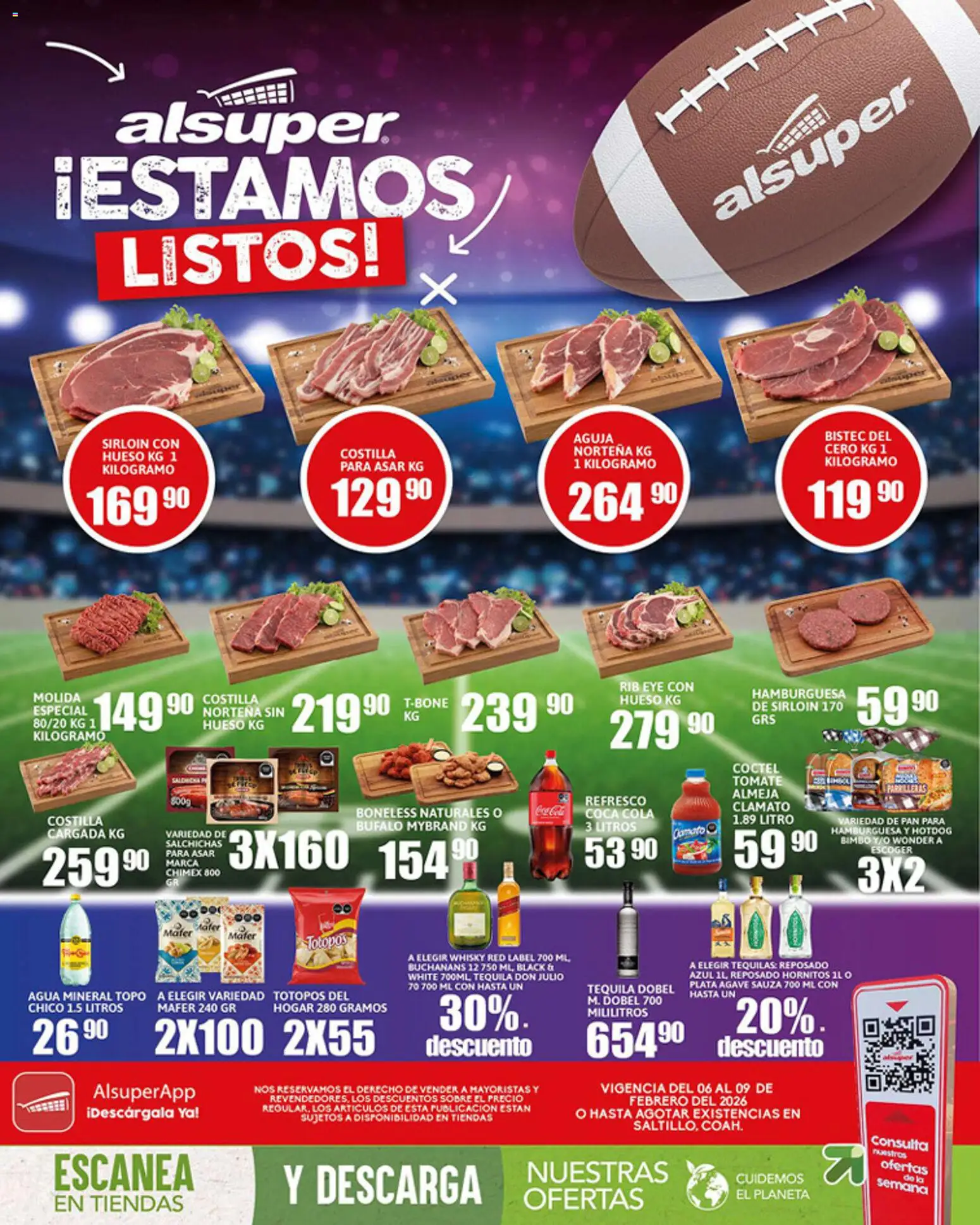 Vista previa las ofertas de la tienda Alsuper - Folleto Saltillo desde el 06/02/2026 - Hamburguesa, Pan, Whisky, Refresco, Bistec, Agave, Sobre, Totopos