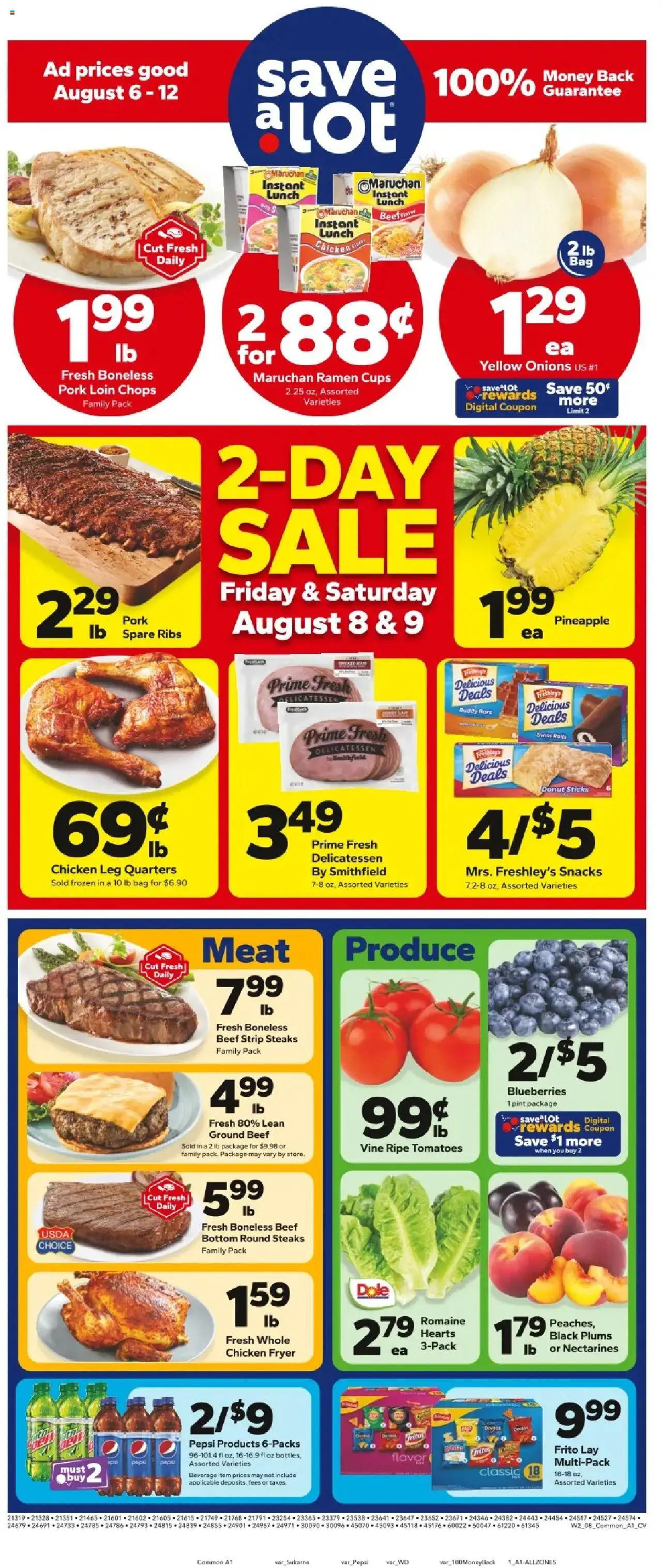 Save a Lot Weekly Ad from 08/06/2025 - Flyer - Page number 1 - Donut, Snacks, Pineapple, Blueberries, Pepsi, Beef, Bag, Pork