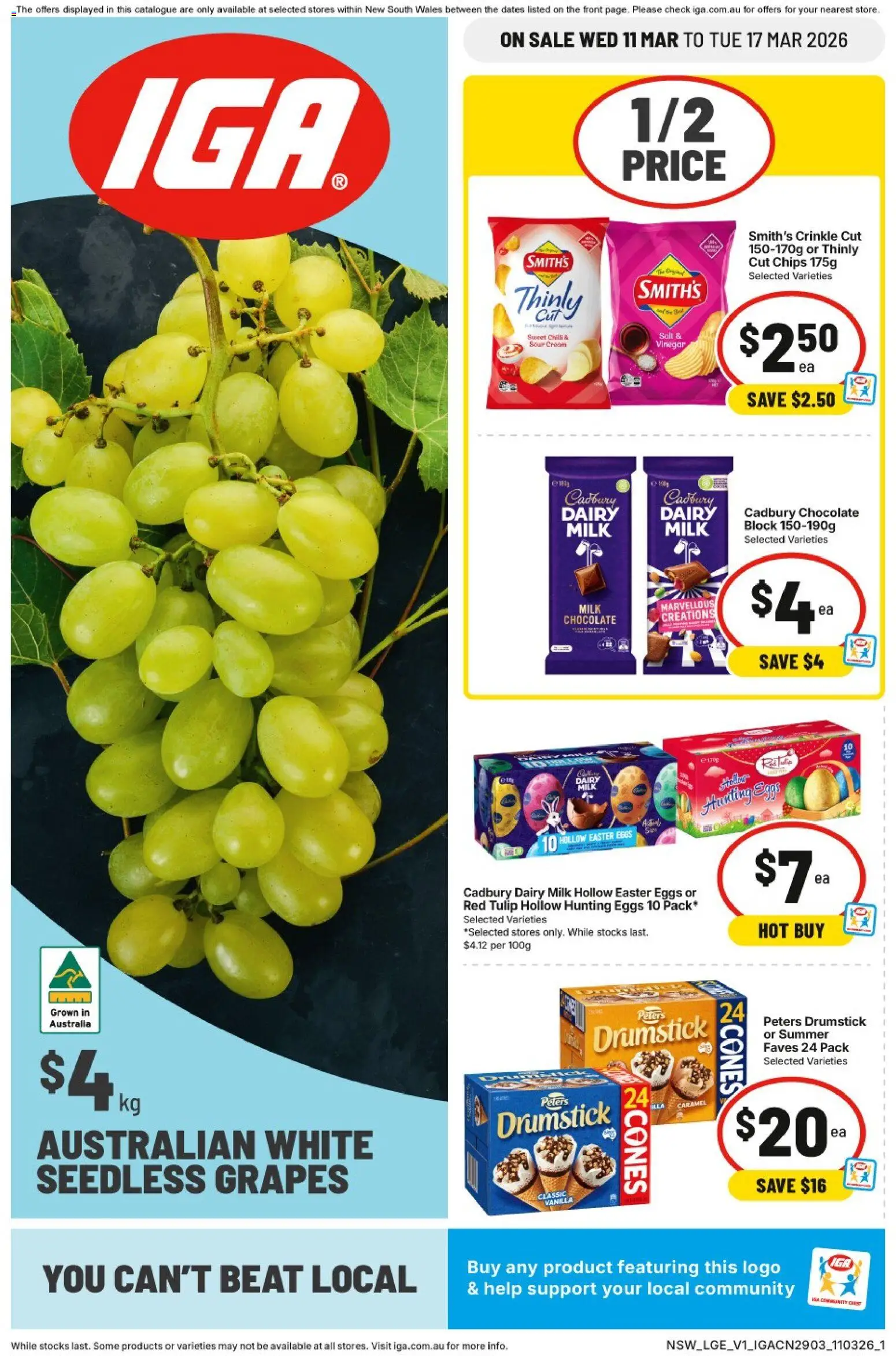 Preview of catalogue IGA catalogue NSW from shop IGA valid 11/03/2026 - Milk, Dairy, Eggs, Chips, Salt, Chilli, Grapes, Seedless grapes
