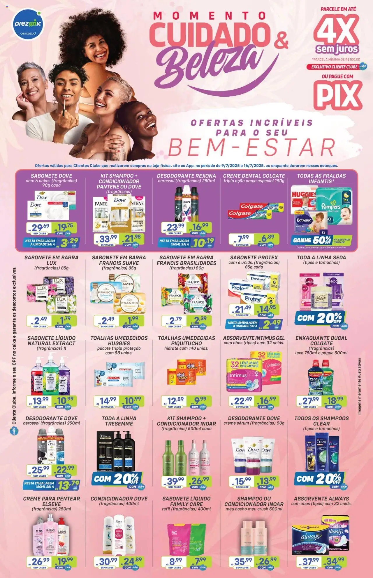 Prezunic folheto "Encarte Momento Cuidado e Beleza" válido a partir de 09/07/2025 - número de página 1 - Shampoo, Pampers, Enxaguante bucal, Rexona, Creme para pentear, Fraldas, Absorvente, Sabonete líquido