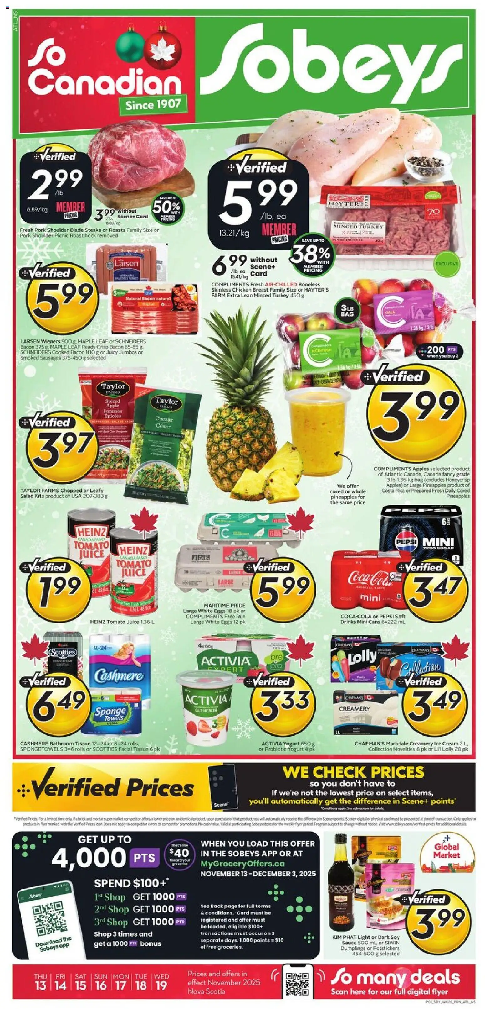 Preview of leaflet Weekly Flyer - NS from shop Sobeys is valid from Nov 13, 2025 - Eggs, Yogurt, Juice, Tomato, Roast, Chicken breast, Towels, Pork shoulder
