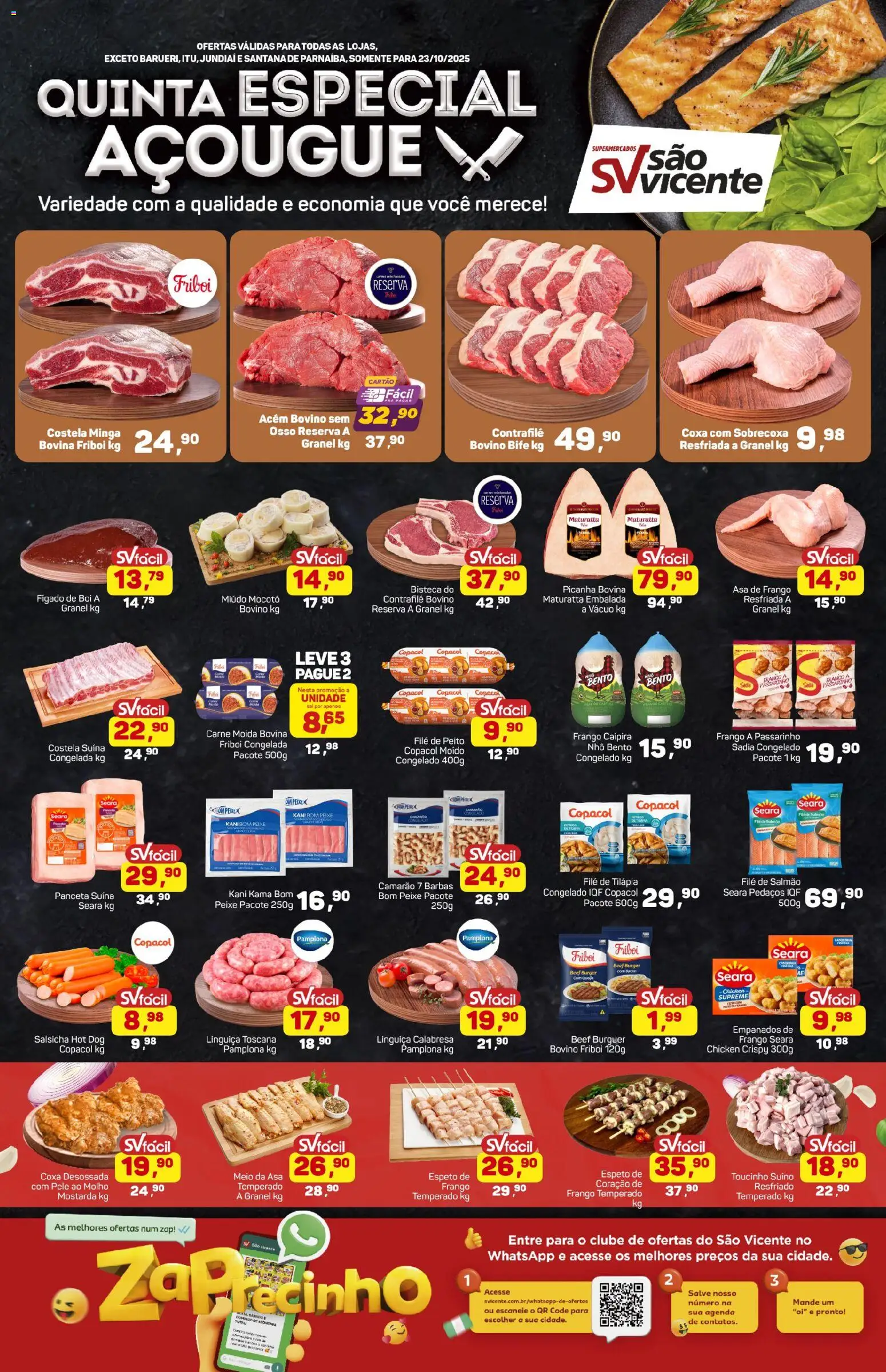 Supermercados São Vicente folheto "Ofertas da semana" válido a partir de 23/10/2025 - número de página 1 - Salsicha, Camarão, Frango, Fígado, Linguiça, Filé de tilápia, Acém, Carne moída bovina