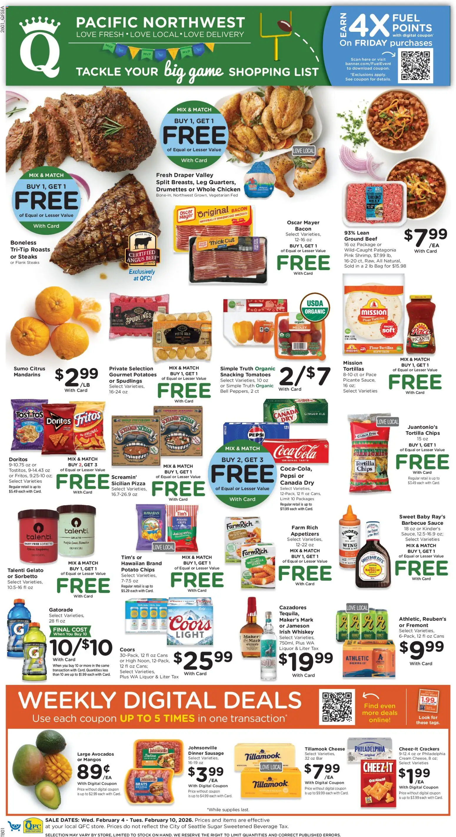 Ad Preview of QFC Weekly Ad from 02/04/2026 - Cheese, Pepsi, Raspberry, Cream, Flour, Potato chips, Peat, Chicken