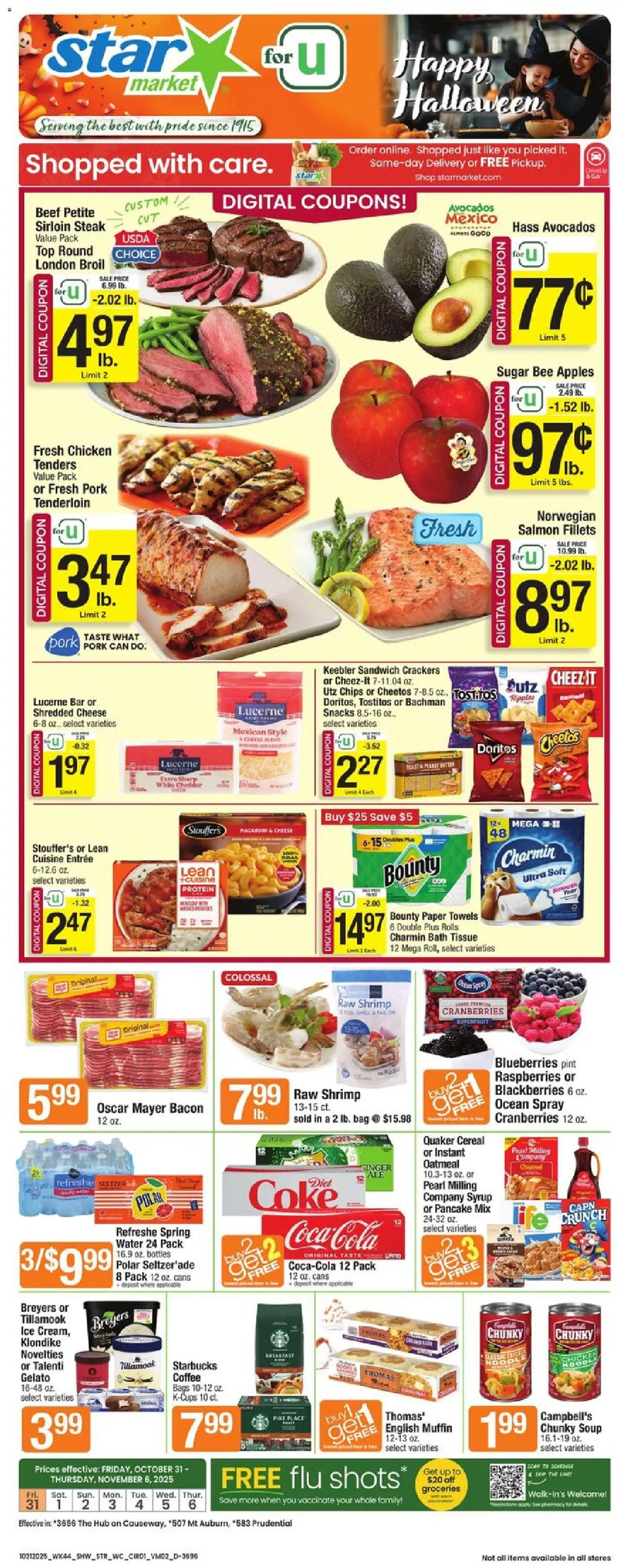 Ad Preview of Star Market Weekly Ad - MA from 10/31/2025 - Water, Chips, Ginger, Raspberries, Cranberries, Bacon, Beef, Bag