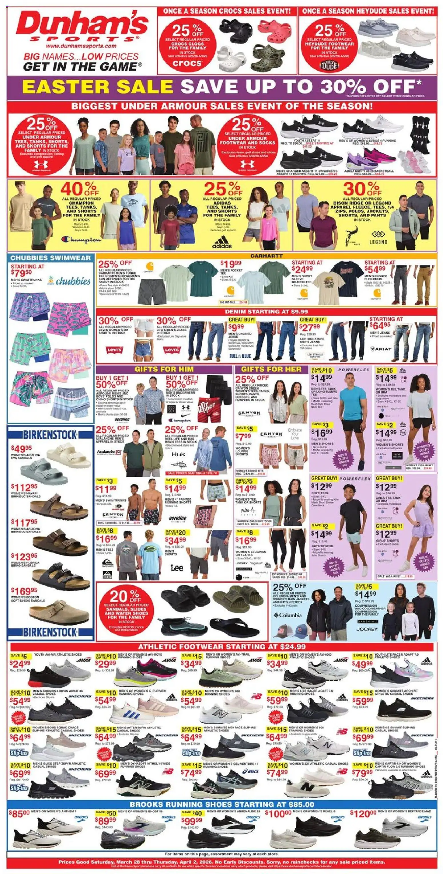 Ad Preview of Dunham's Sports Dunham's Sports Weekly Ad from 03/28/2026 - Sandals, Jeans, Shorts, Bra, Socks, Pants, Ridge, Underwear
