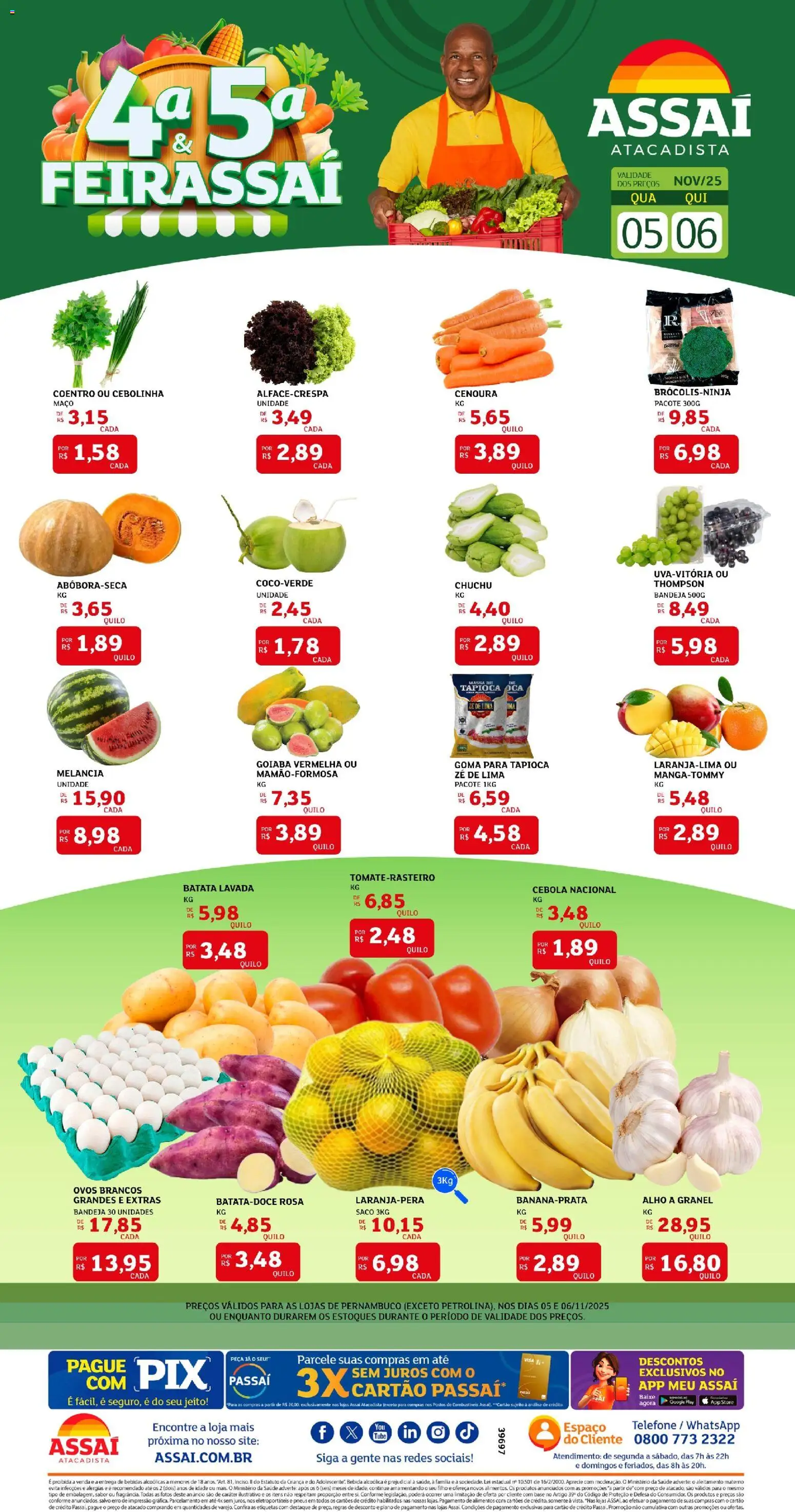 Pré-Visualização do folheto "Encarte - PE" da loja Assaí Atacadista válido a partir de 06/11/2025 - Telefone, Tapioca, Base, Batata, Goiaba, Massa, Alimentos, Alho