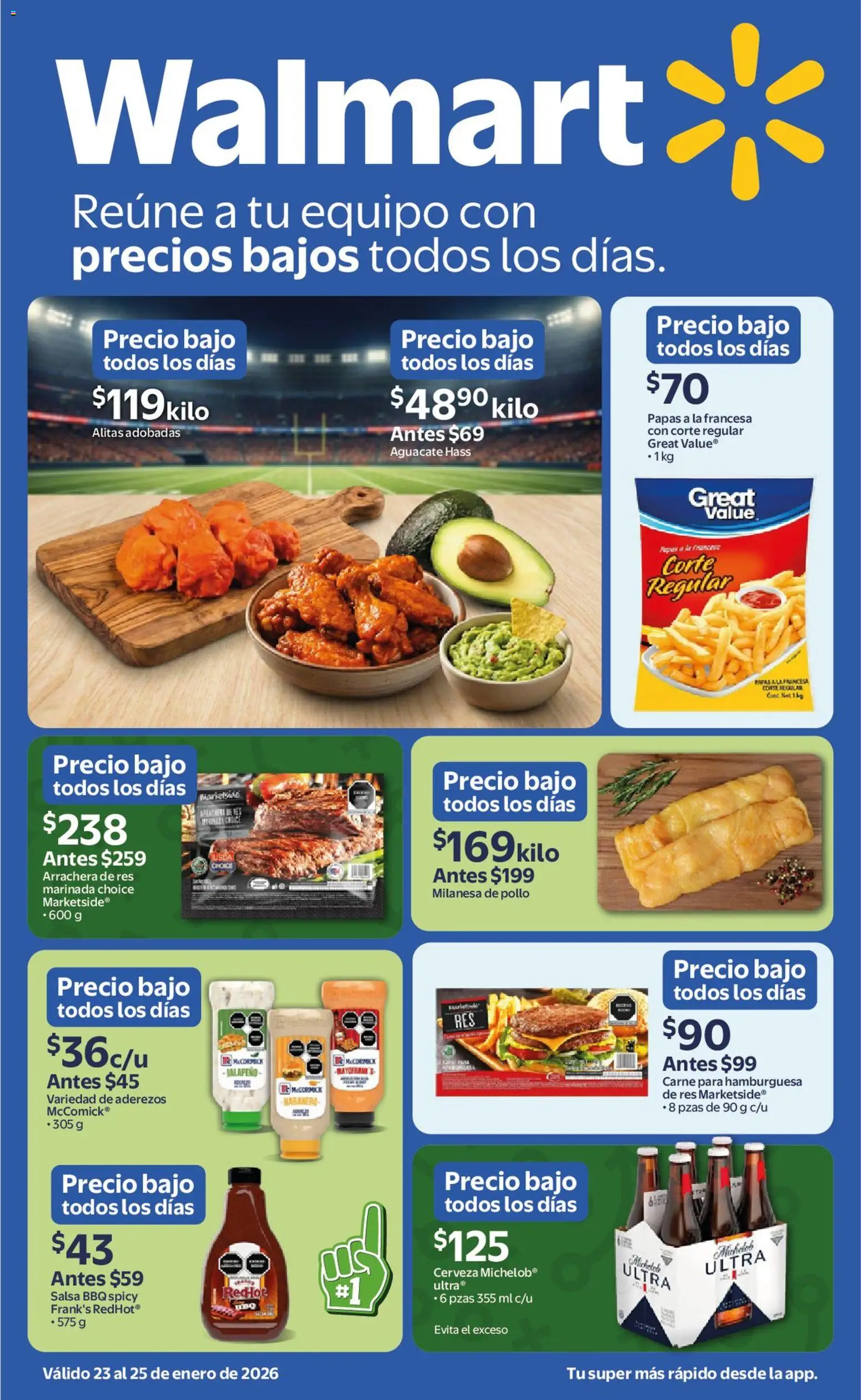 Vista previa las ofertas de la tienda Walmart - Folleto Ofertas desde el 23/01/2026 - Hamburguesa, Pollo, Papas, Cerveza, Aguacate, Milanesa, Carne para hamburguesa, Res