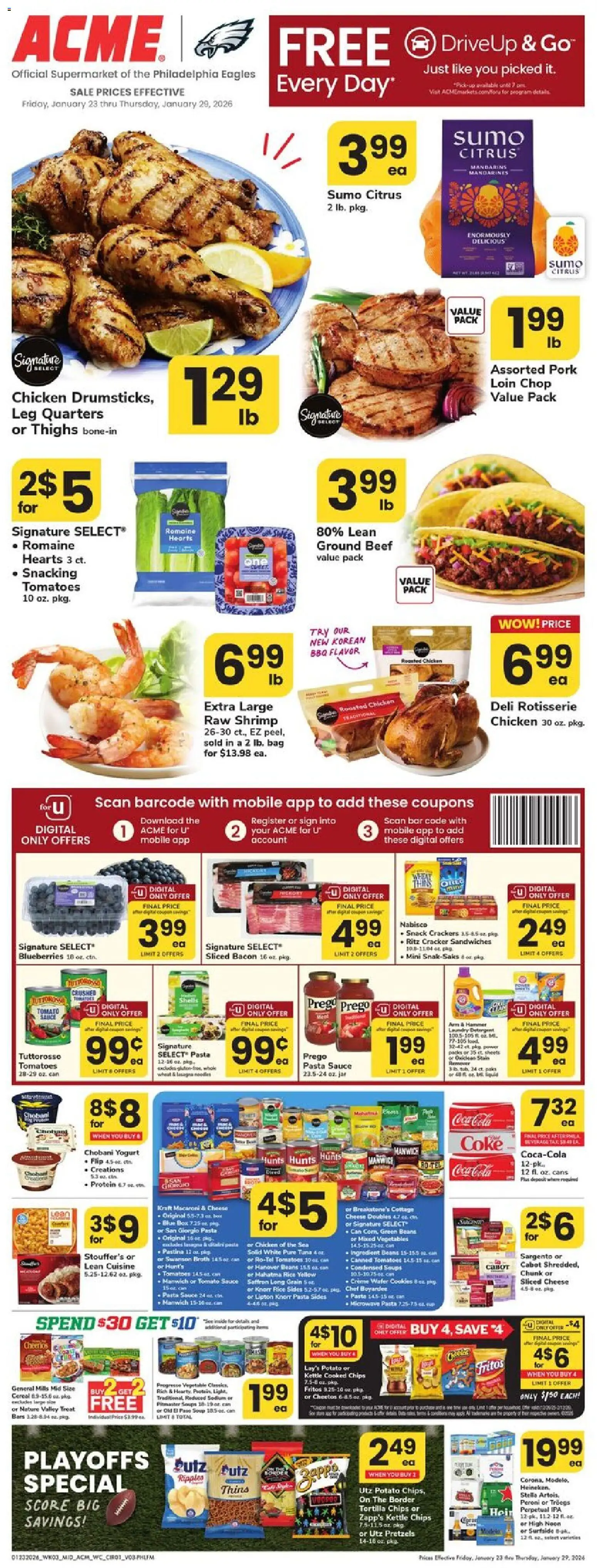 Ad Preview of Acme Weekly Ad from 01/23/2026 - Cereal, Beef, Ground beef, Crackers, Hammer, Pork, Sauce, Romaine