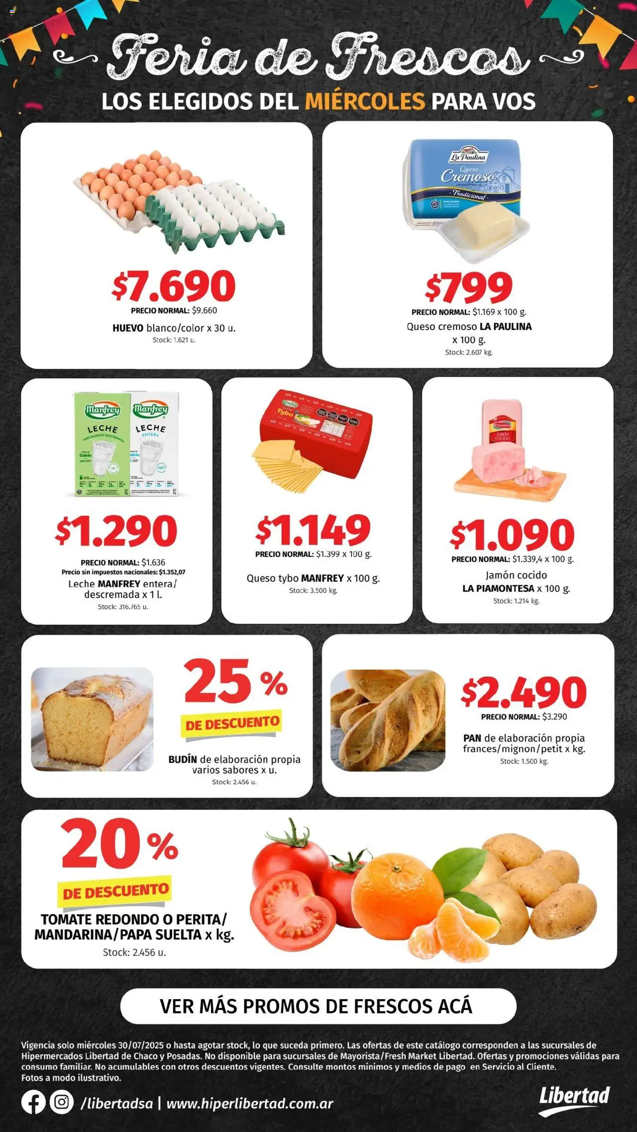Hipermercado Libertad Feria de Frescos - NEA del 30/07/2025 Online - Jamón cocido, Budín, Tomate, Huevo, Leche, Queso, Jamón, Leche parcialmente descremada