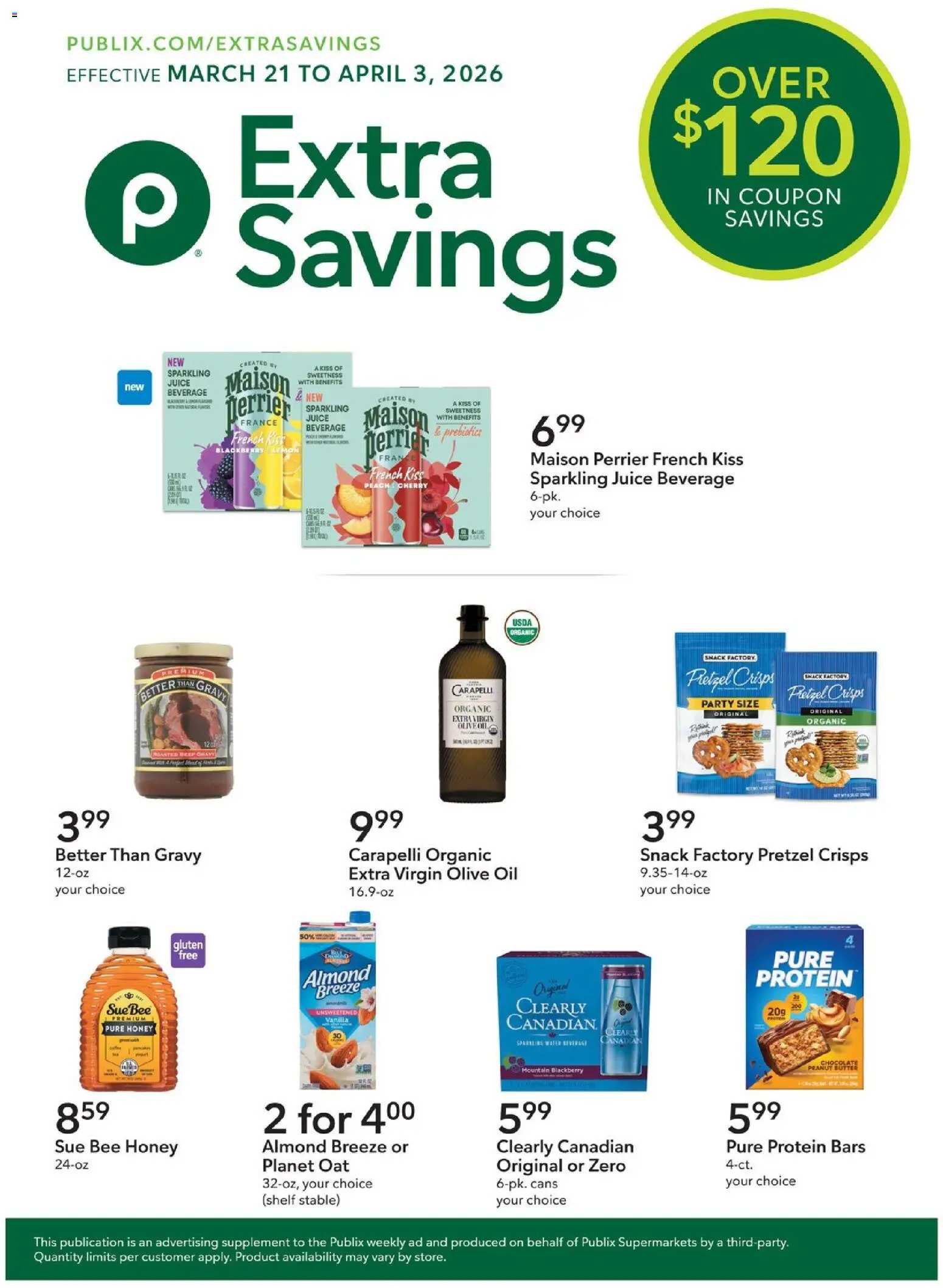 Ad Preview of Publix Publix Extra Savings from 03/21/2026 - Chocolate, Honey, Protein, Peach, Butter, Oil, Beef, Vanilla