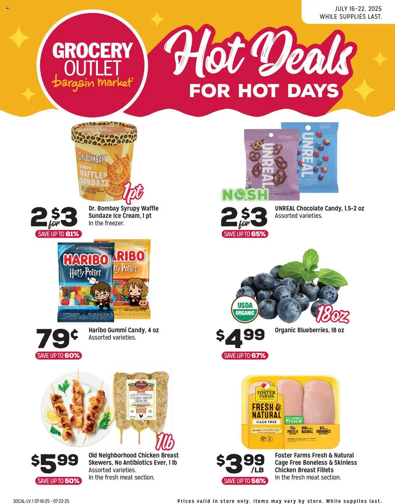 Grocery Outlet Hot Deals from 07/16/2025 - Flyer - Page number 1 - Meat, Chicken, Chocolate, Chicken breast fillets, Protein, Garlic, Ice, Parmesan